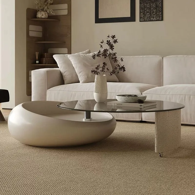 Drehbarer, kombinierter Couchtisch, rund, kreativer Couchtisch aus Kunstglas, Wohnzimmer, italienische Möbelaccessoires