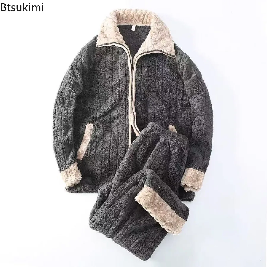 Herren-Pyjama-Sets aus Flanell, gemütlich, warm halten, einzelner Reißverschluss, Revers, Nachtwäsche, Herbst und Winter, dicker Korallensamt, Loungewear für Herren Image