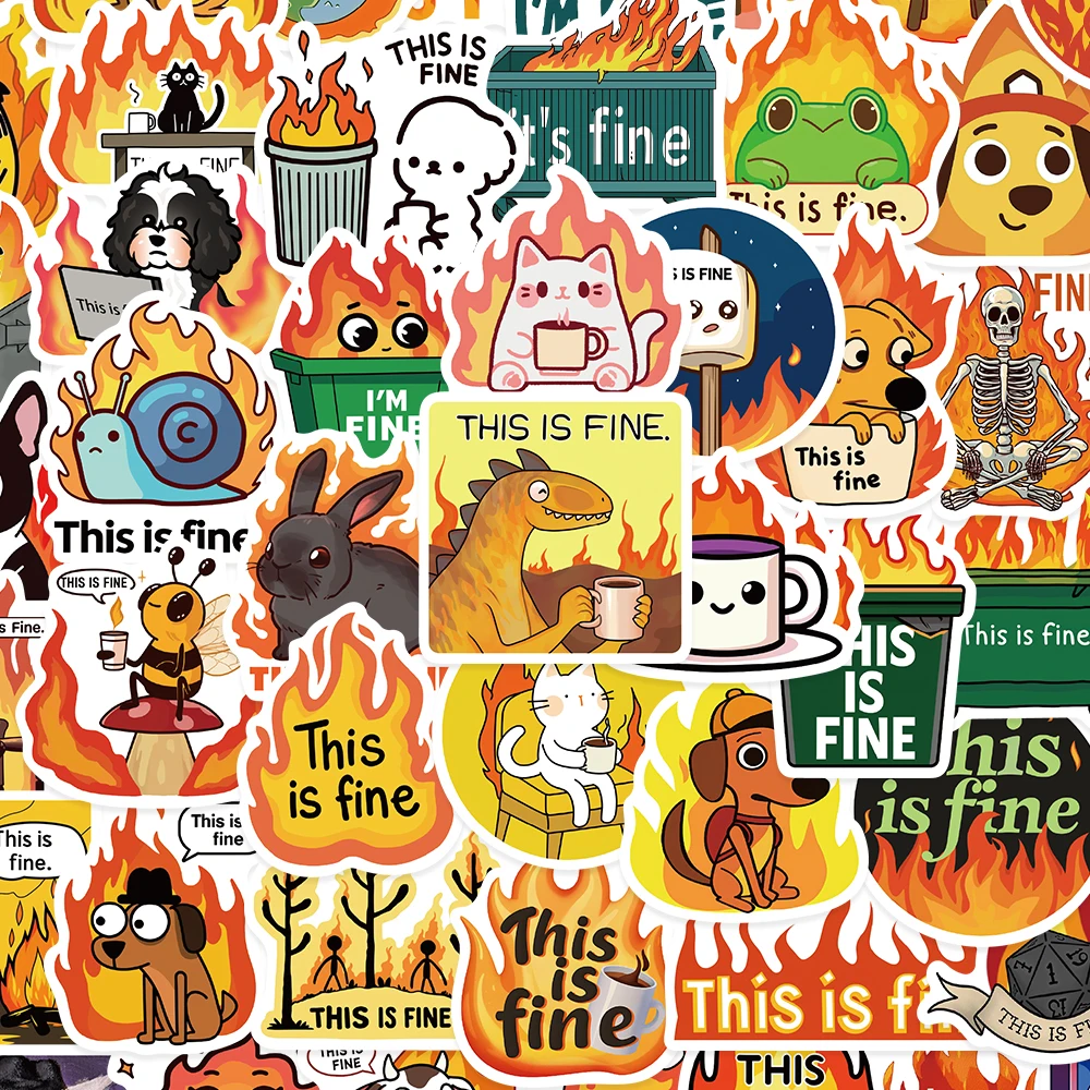 52 Stück „This is Fine“, lustiger Meme-Aufkleber für Skateboard, Kühlschrank, Gitarre, Laptop, Motorrad, Reisen, cooler Aufkleber, PVC-Aufkleber, klassisches Spielzeug Image