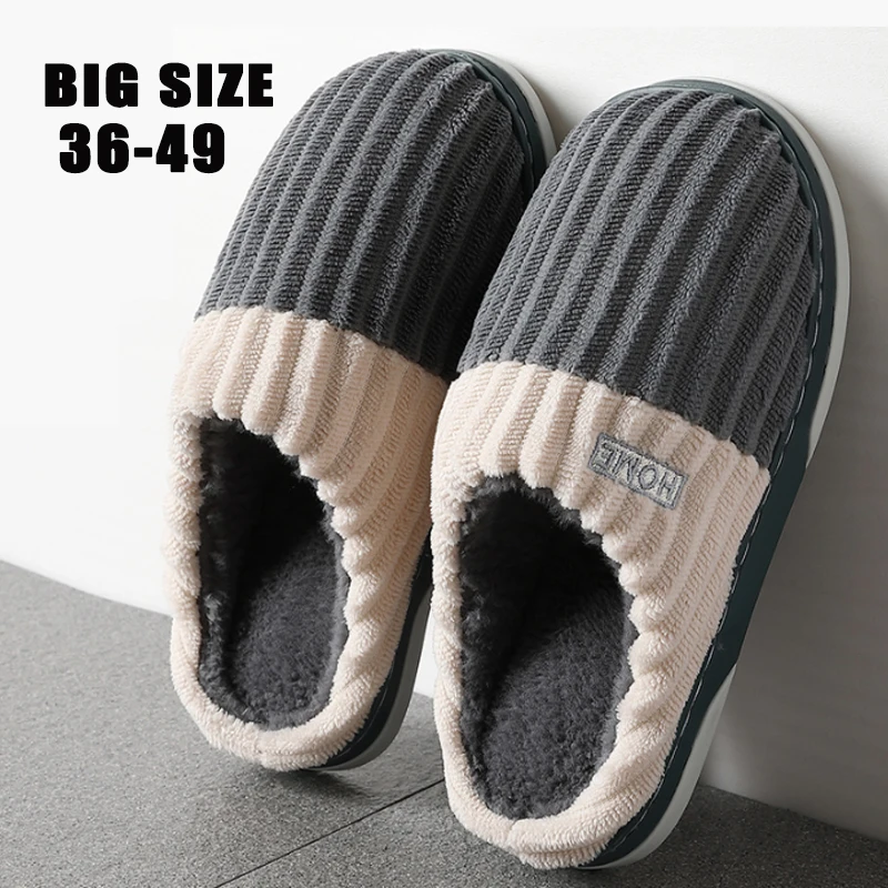 Große Größe 48-49 Streifen Hausschuhe für Männer Frauen Memory Foam Winter Plüsch rutschfeste Indoor Männliche Schuhe Warme Hausschuhe
