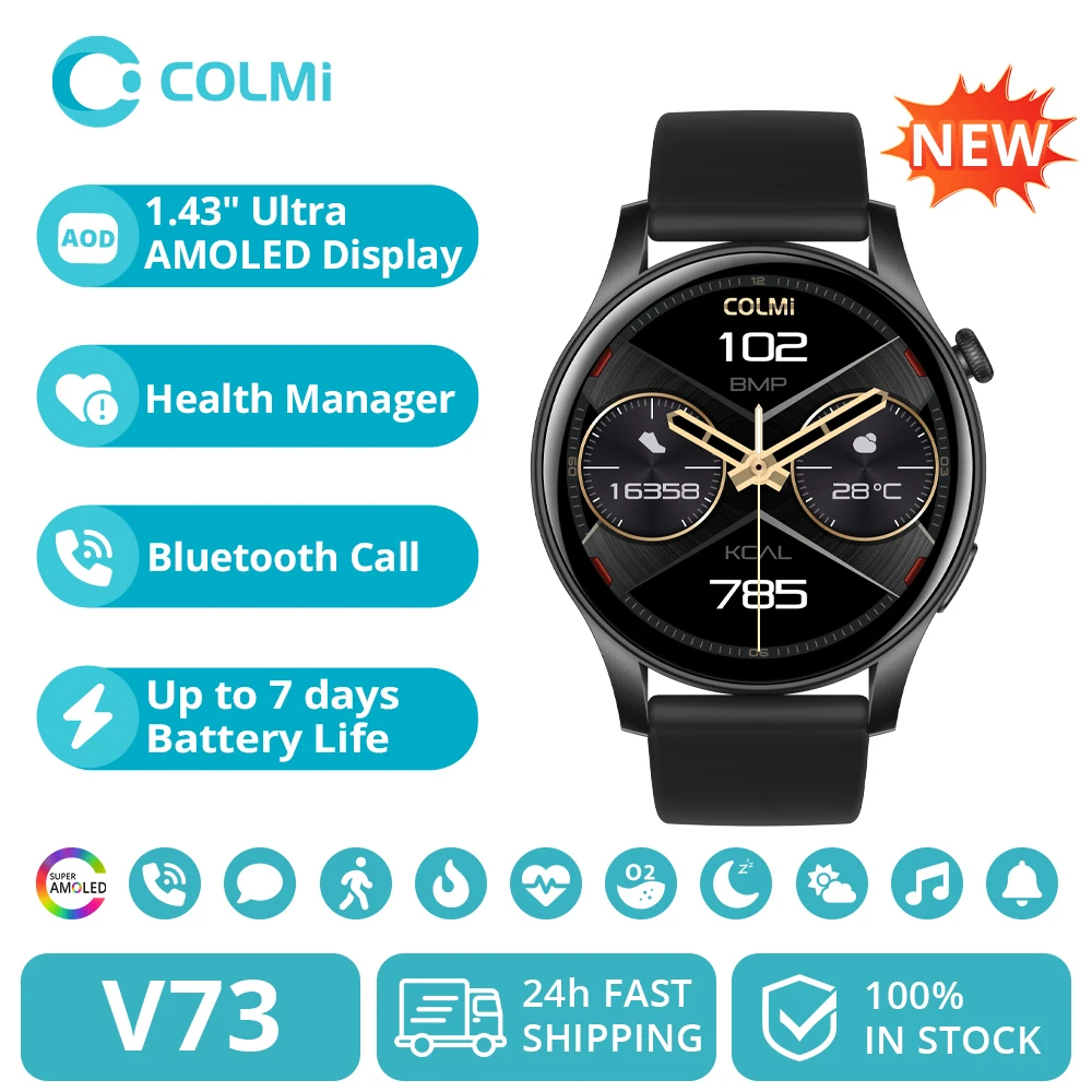 [2024 Neu] COLMI V73 Smartwatch AMOLED Display Bluetooth Anrufe Gesundheit Fitness Tracking Smart Watch für Männer Frauen Image