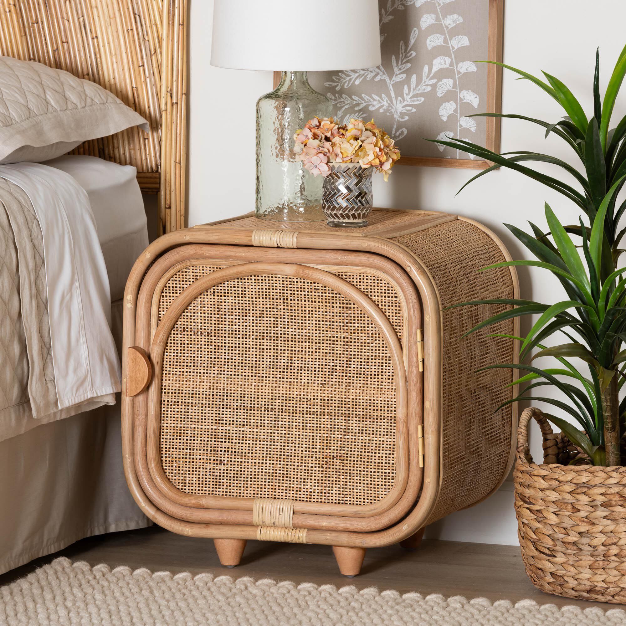 Keita Bohemian Natural Rattan and Mahogany Wood Nightstand by Bali & Pari in Natural (Size OS)