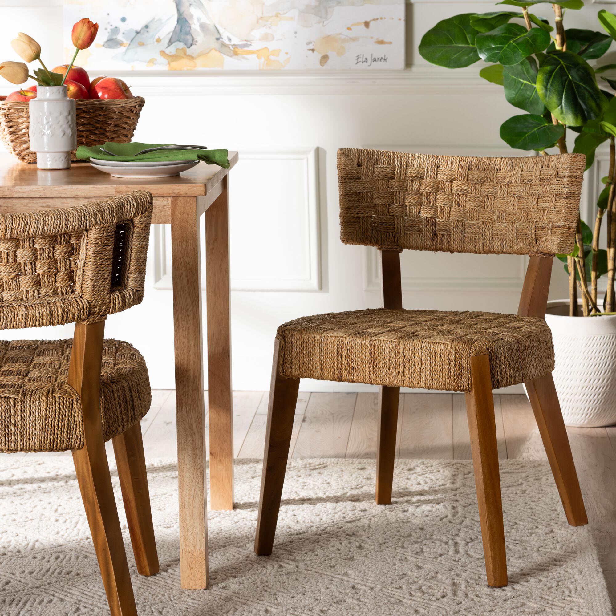 Sabit Bohemian Seagrass and Mahogany Wood Dining Chair by Bali & Pari in Natural (Size ONE SIZE)