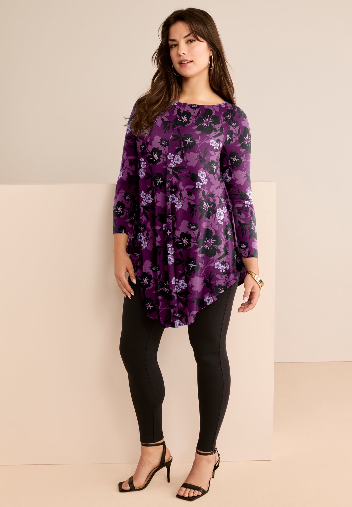 Plus Size Women's Plus Size Boatneck Swing Ultra Drape Tunic Top by Roaman's in Dark Berry Blossom Floral (Size 38/40) Long Shirt