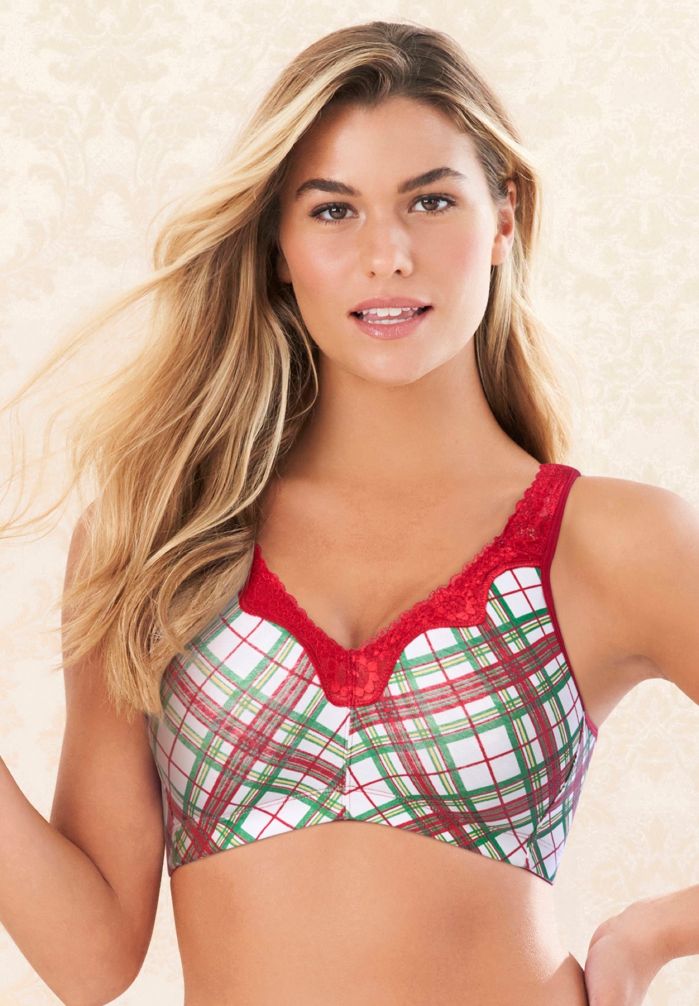 Plus Size Women's Cotton Comfort Wireless Bra by Catherines in Holiday Plaid (Size 54 G)