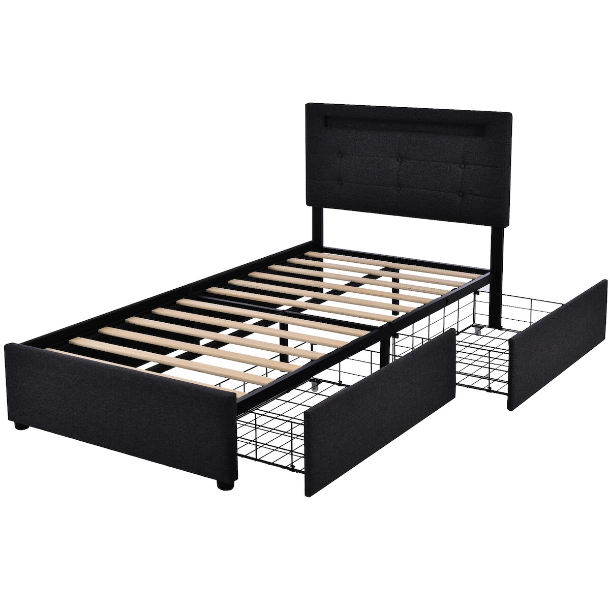 OKWISH Polsterbett 90×200 mit LED-Kopfteil, 2 Schubladen Stauraum, Taschenfederkernmatratze, modernes Funktionsbett mit stabilem Rahmen, Stoffbezug Schwarz Image