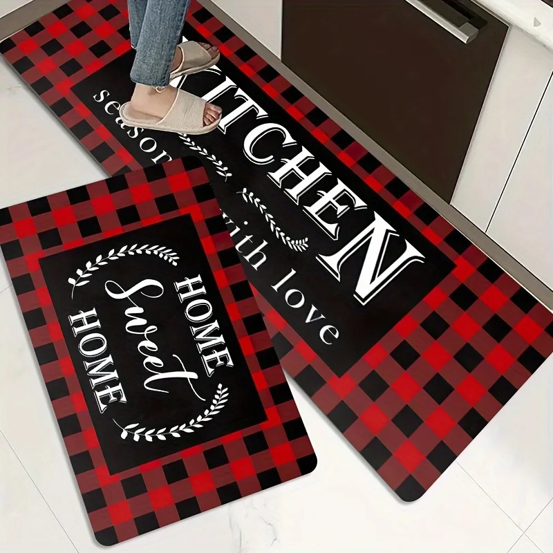 VIKAMA 1/2 Stück schwarz rot Anti-Ermüdungs-Küchenläufer-Teppich Buffalo Plaid Standmatte wasserdichte rutschfeste Matte für Heimdekoration Image