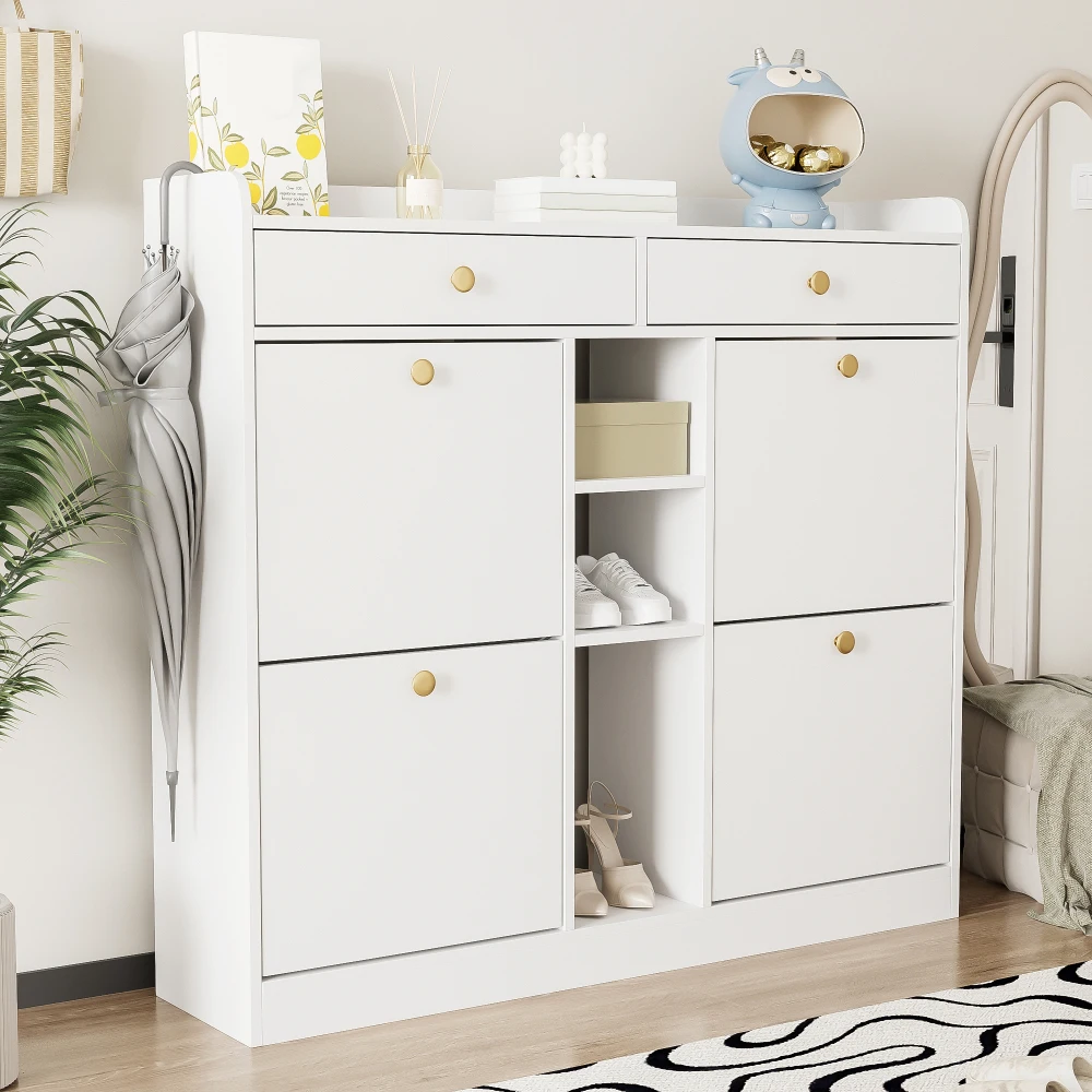Eleganter weißer Schuhschrank mit 4 Klapptüren, 2 Schubladen und 3 offenen Fächern – perfekt für moderne Flure und Eingangsbereiche