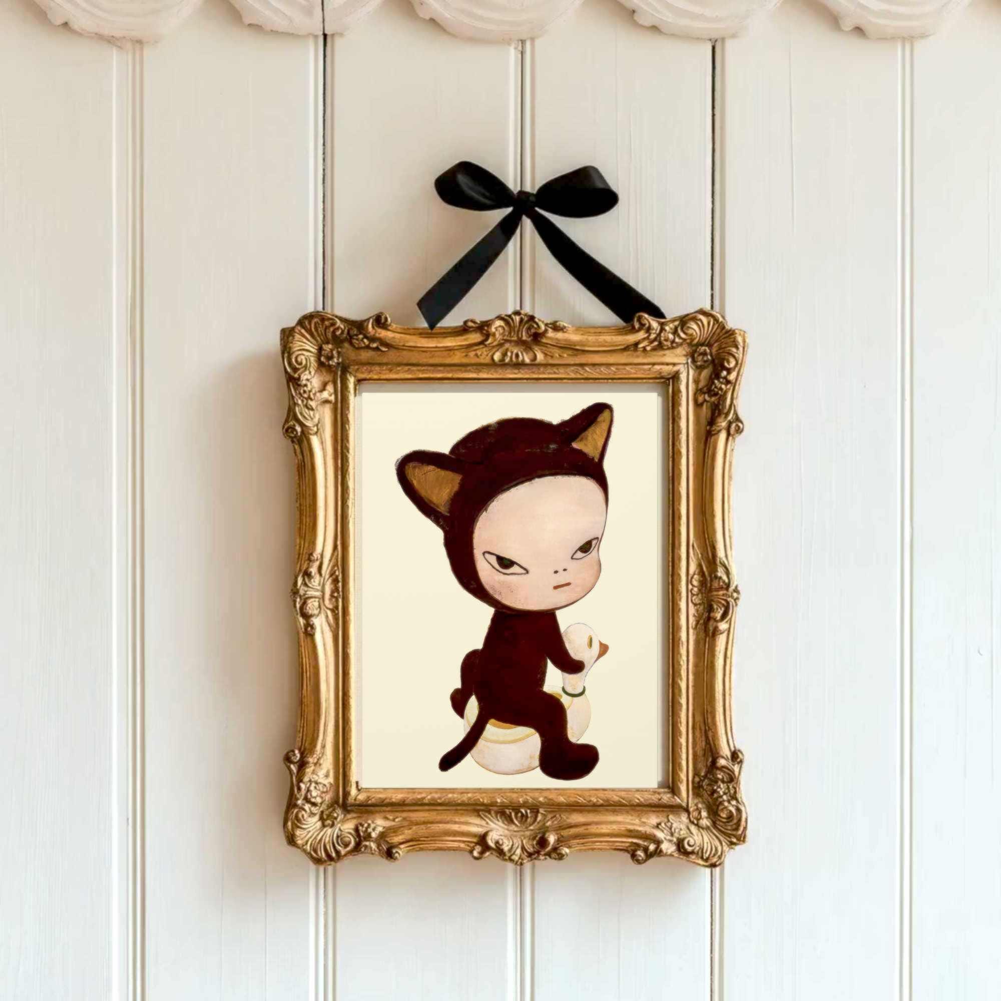 Quadro su tela con gatto di Yoshitomo Nara / Poster con gattino di Yoshitomo Nara, decorazione murale su tela / Stampa su tela con gatto di Yoshitomo