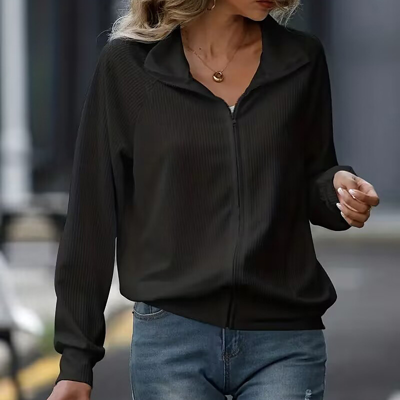 Women's Lounge Knitted Coat Zip Up Jacket Long Sleeve Top Athleisure Solid Colored Fashion Gym Running Fitness Sportswear Activewear Wine Red Black White