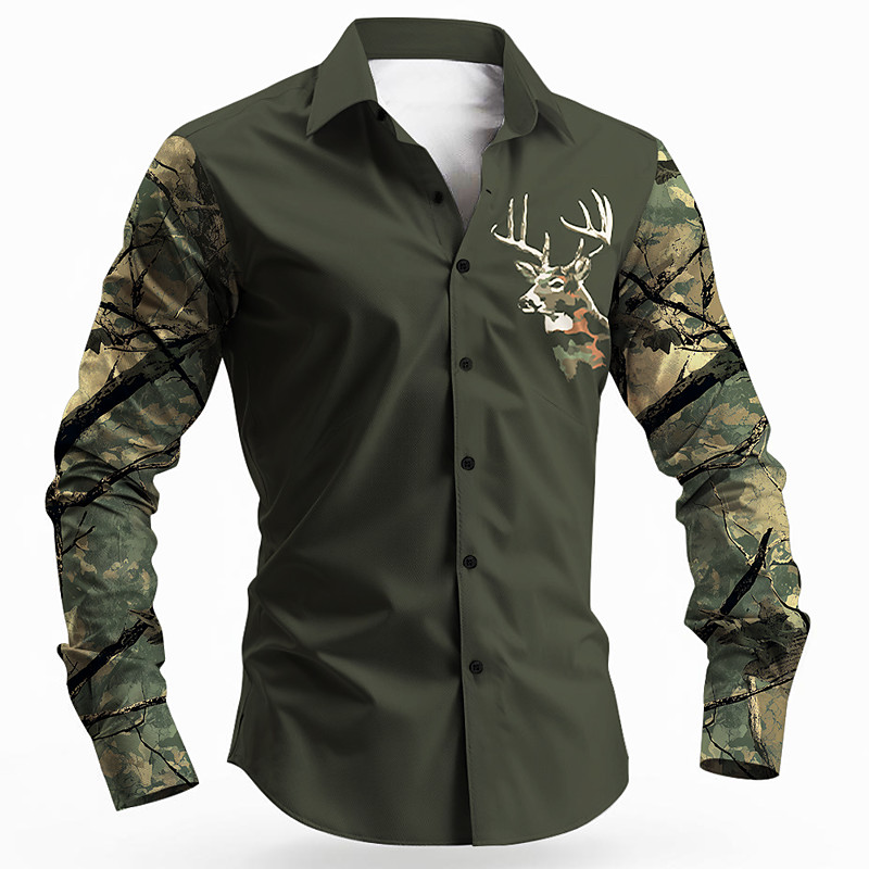 Men's Camo Reindeer Camouflage Shirt Button Up Shirt Long Sleeve Vintage Retro Outdoor Camping Hiking Hunting Spring Fall Turndown 3D Print Collared Shirts Army Green Khaki
