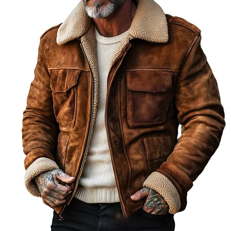 Men Faux Suede Jacket Fleece Jacket Business Casual Windbreaker Fleece Fall Winter Color Block Casual WorkWear Regular Brown Coffee Jacket