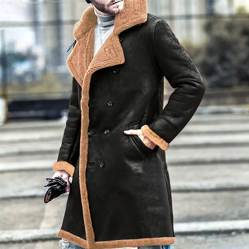 Men Faux Suede Jacket Overcoat Peacoat Faux Fur Long Trench Coat Outerwear Casual Fall Winter Outerwear Clothing Apparel Classic Trendy Plain Fleece Notch lapel collar