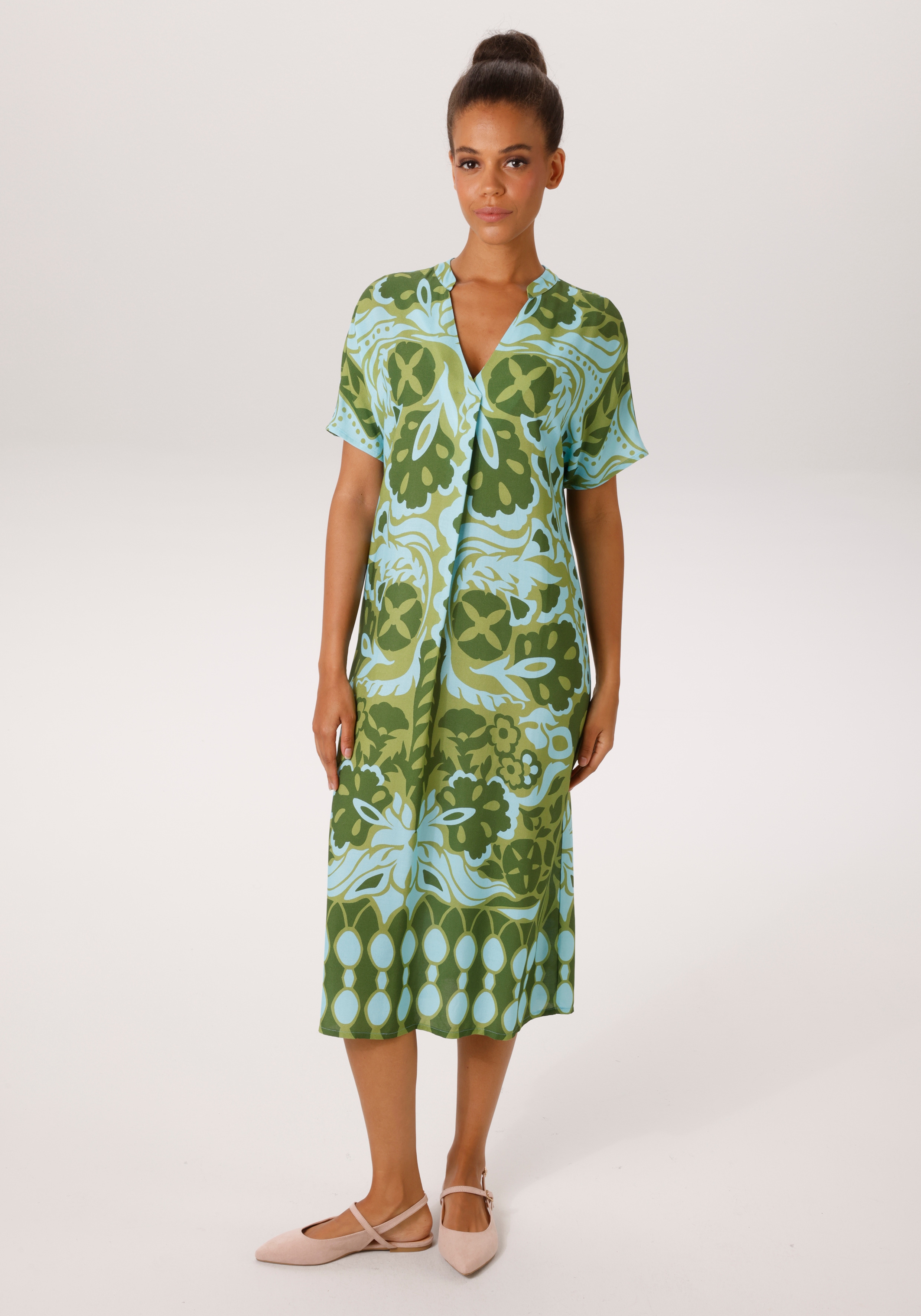 Sommerkleid ANISTON CASUAL, Damen, Gr. 46, N-Gr, türkis, oliv, moosgrün, Web, Obermaterial: 100% Viskose, bedruckt, geblümt, gemustert, figurumspielend kniebedeckend, V-Ausschnitt, Kleider Sommerkleid, mit extravagantem, grafischen Druck