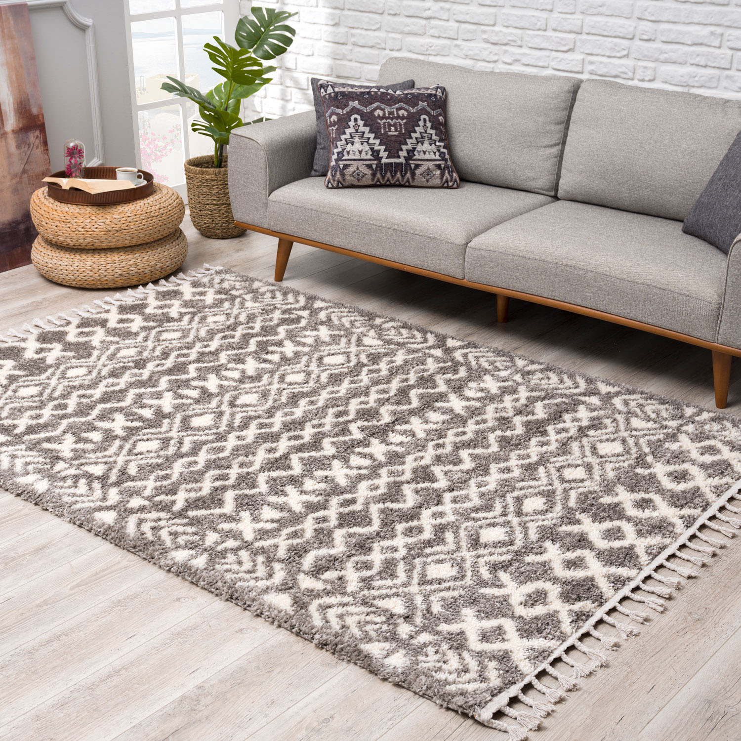 Hochflor-Teppich CARPET CITY "Pulpy 514" Gr. 33, grau, B:80cm H:30mm L:250cm, Kunstfaser, Teppiche, Fransenteppich, besonders weich, mit Fransen, Ethno Look Image