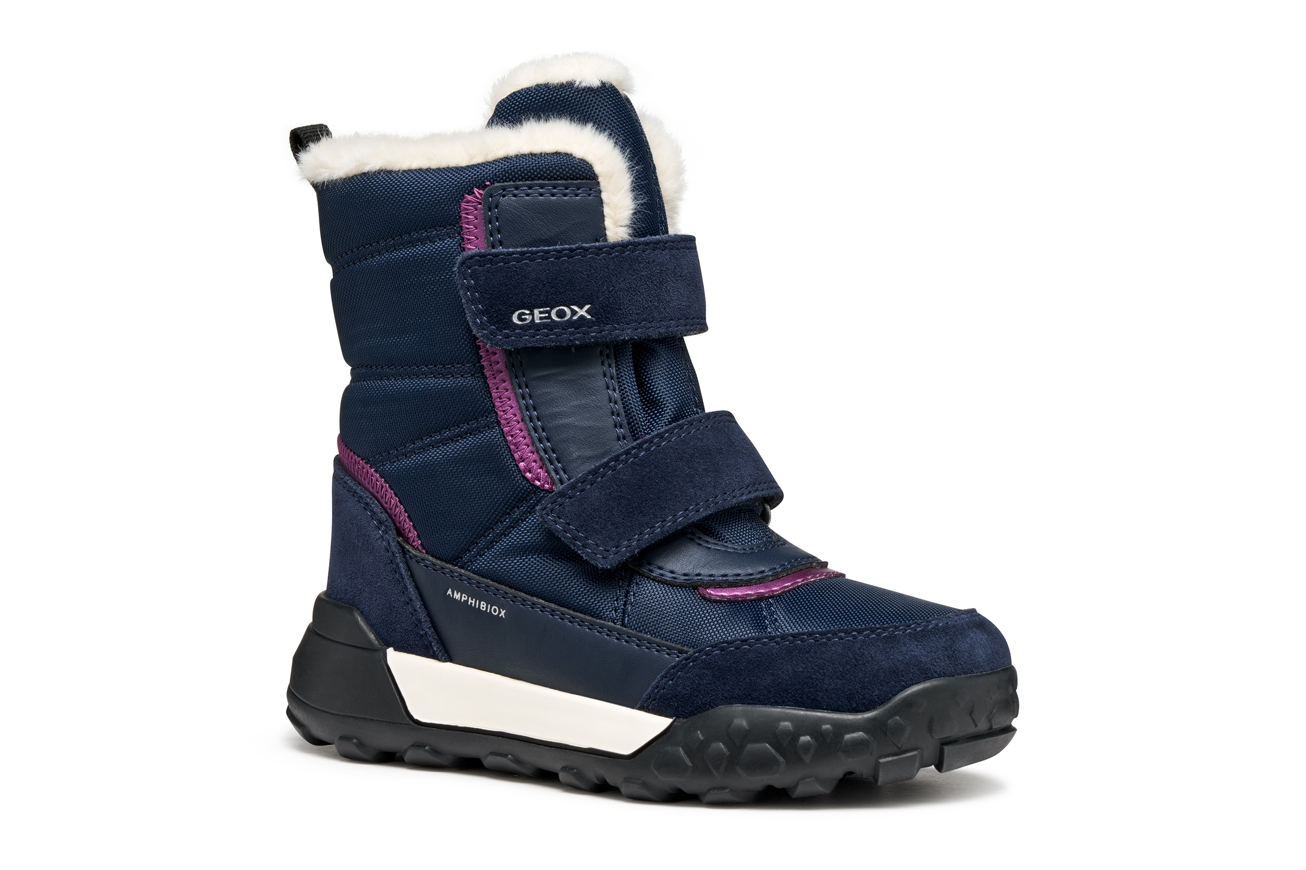 Winterboots GEOX "J TREKKYUP GIRL B AB", Mädchen, Gr. 29, blau (navy, lila), Leder, Textil, Schuhe Winterboots, Klettstiefel mit Warmfutter, Größenschablone zum Download