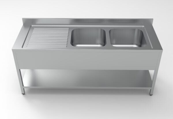 Edelstahl Spültisch PRO mit Grundboden 200 x 70 cm - 2 Becken rechts Image
