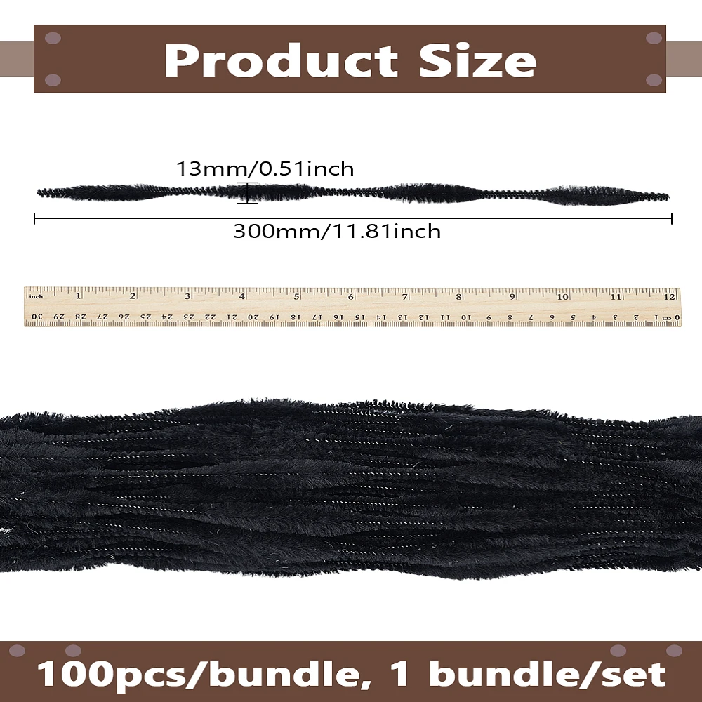1 Satz 1 Bündel Plüschstäbchen Polyesterstiele mit Eisenrohrreiniger Bastelmaterial Schwarz 300 x 13 mm 100 Stück/Bündel Image