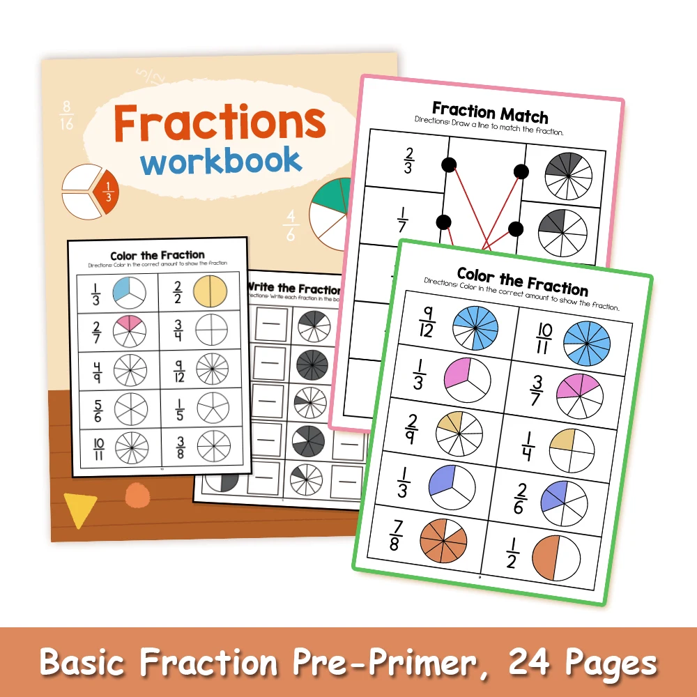 24 Seiten/Set Mathe-Fraktion-Übungsbücher für Kinder, die grundlegende Brüche lernen, pädagogisches mathematisches Arbeitsbuch, Lehrmittel Image
