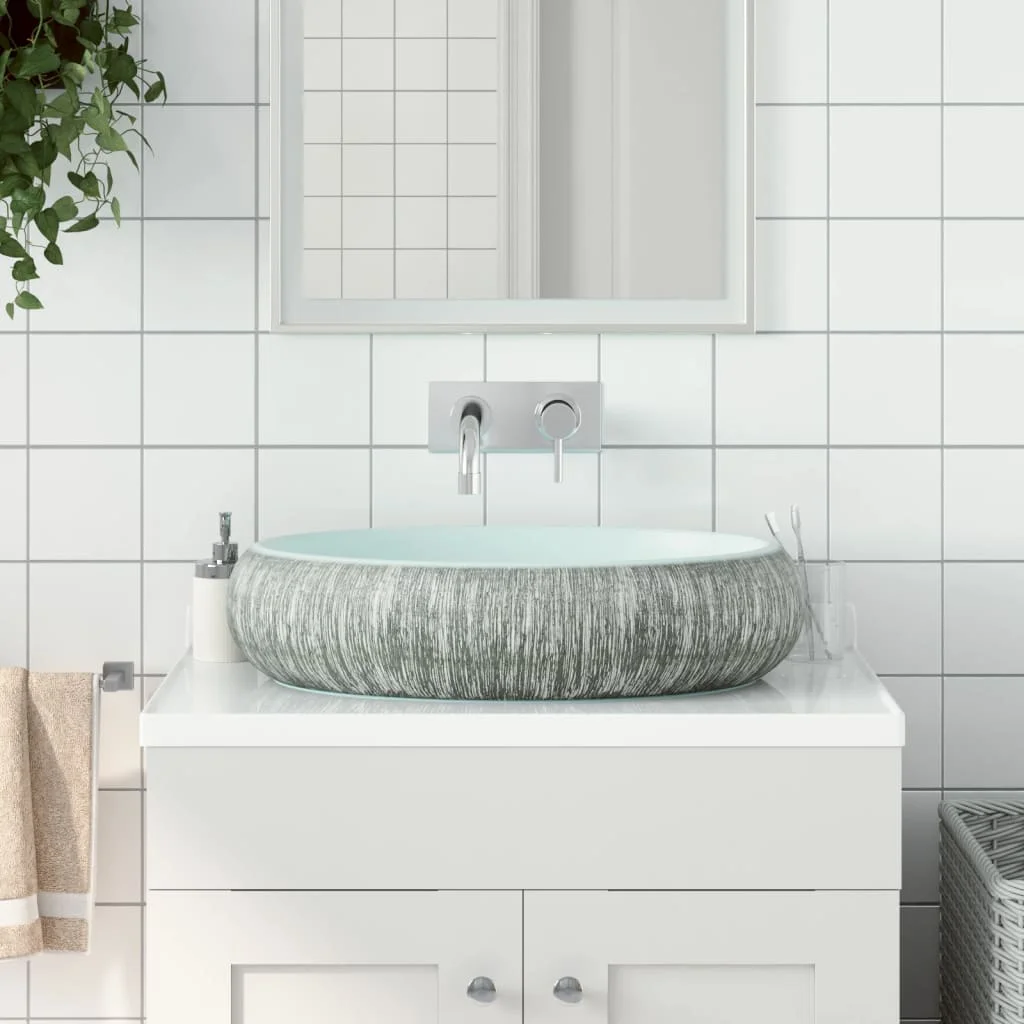 Lavabo de comptoir ovale gris et bleu 59x40x15 cm, lavabos en céramique, salles de bains et cuisines, articles décoratifs, quincaillerie de salle de bain