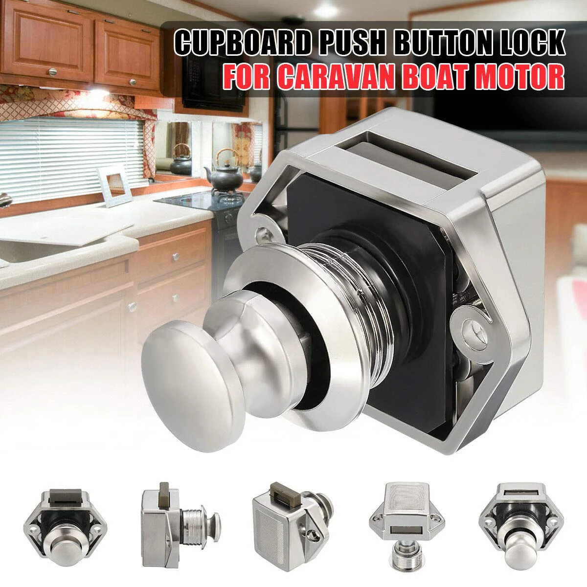 6-teiliges Schubladen- und Schrankschloss mit Knopfschloss, schlüsselloses Türschloss für Wohnmobile, Yachten, Boote und Wohnwagen Image