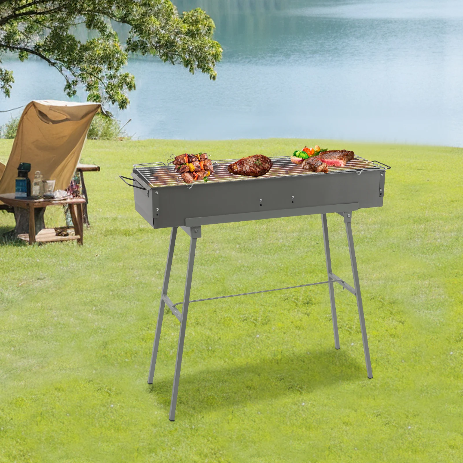 Tragbarer Grill, 80 x 18 x 13 cm, zusammenklappbarer Camping-Grill, Holzkohlegrills, für Picknick, Camping-Grill, Party-Grill Image