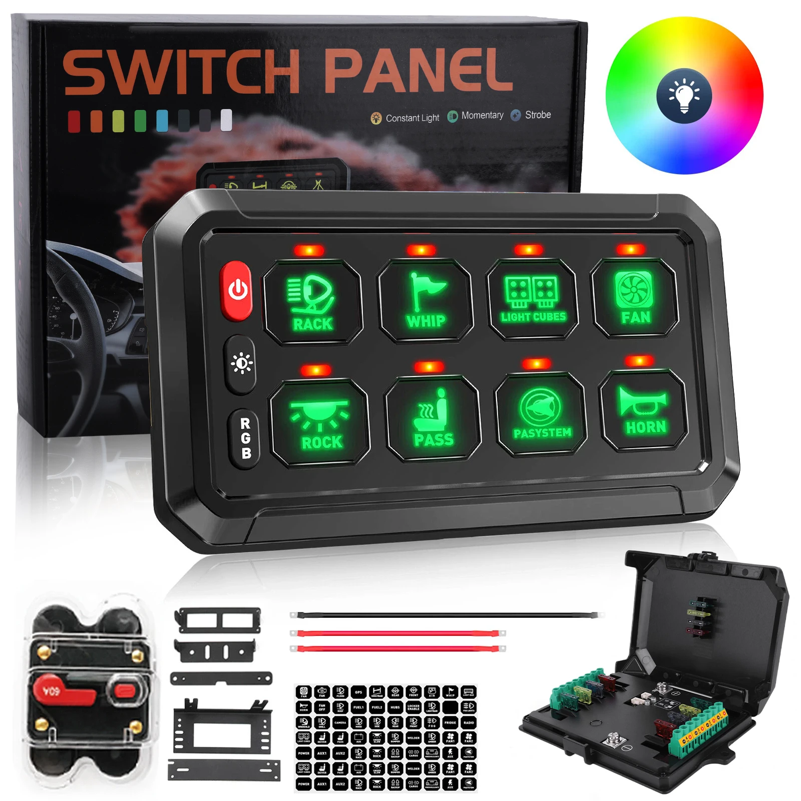8 Gang Switch Panel 12V On-Off RGB LED Car Switch Panel Circuit Control Relay System for Car RV ATV SUV UTV Truck Marine