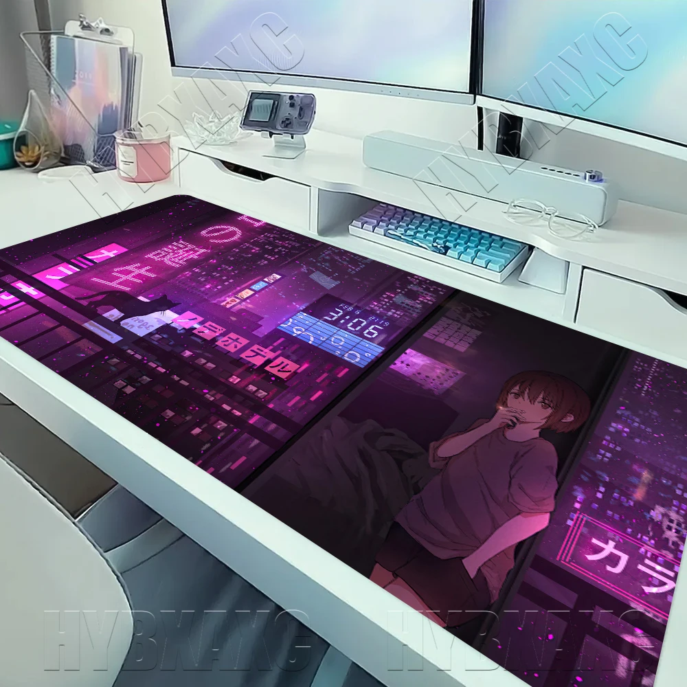 Tokyo Gaming Mauspad Neon Japan Schreibtischunterlage 90x40 Retro Vaporwave Lila Japanischer Anime Skyline/City Schreibtischunterlage XXL Gaming-Mauspad Image