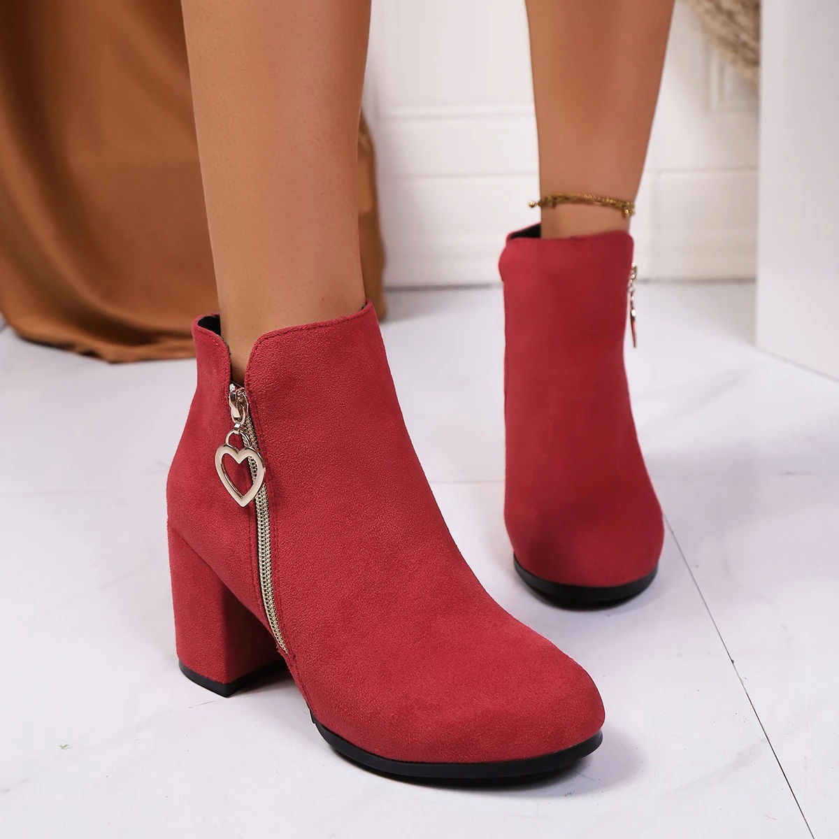 Damen-Stiefeletten mit klobigem Absatz, Frühling/Herbst, modisch, einfarbig, seitlicher Reißverschluss, High Heels, sexy, elegant, stilvoll, kurze Stiefel Image