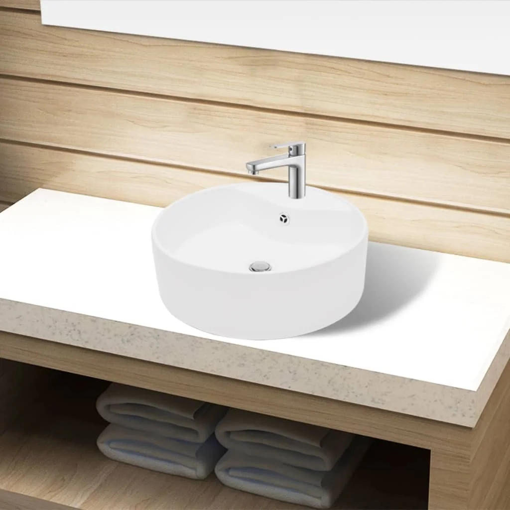 Lavabo de salle de bains rond en céramique blanche avec éviers à trou de débordement, salles de bains et cuisines, articles décoratifs, quincaillerie de salle de bains