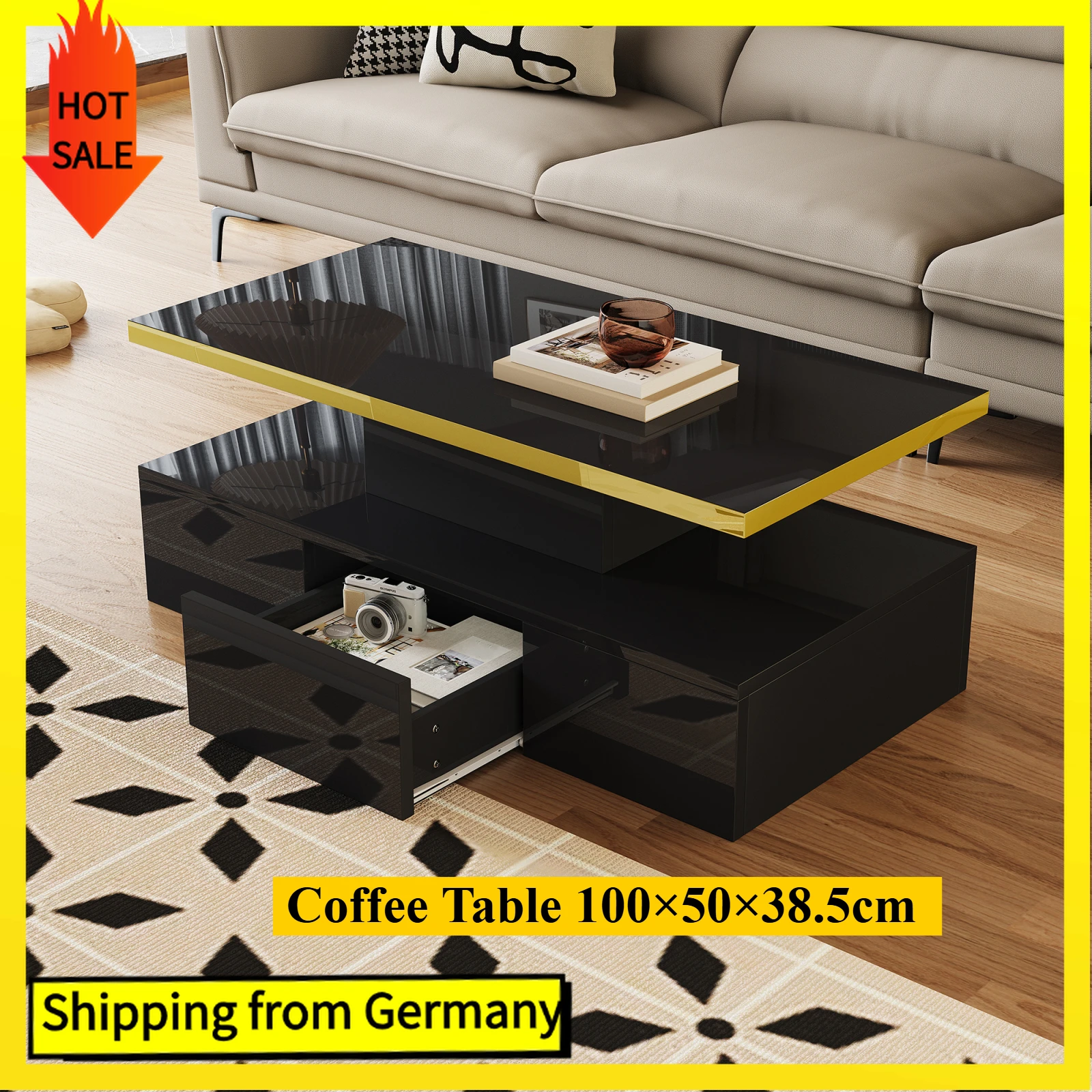 Comanlai Hochglanz-Couchtisch mit Schubladen, Beistelltisch für Wohnzimmer, Schwarz, 100 x 50 x 38,5 cm Image