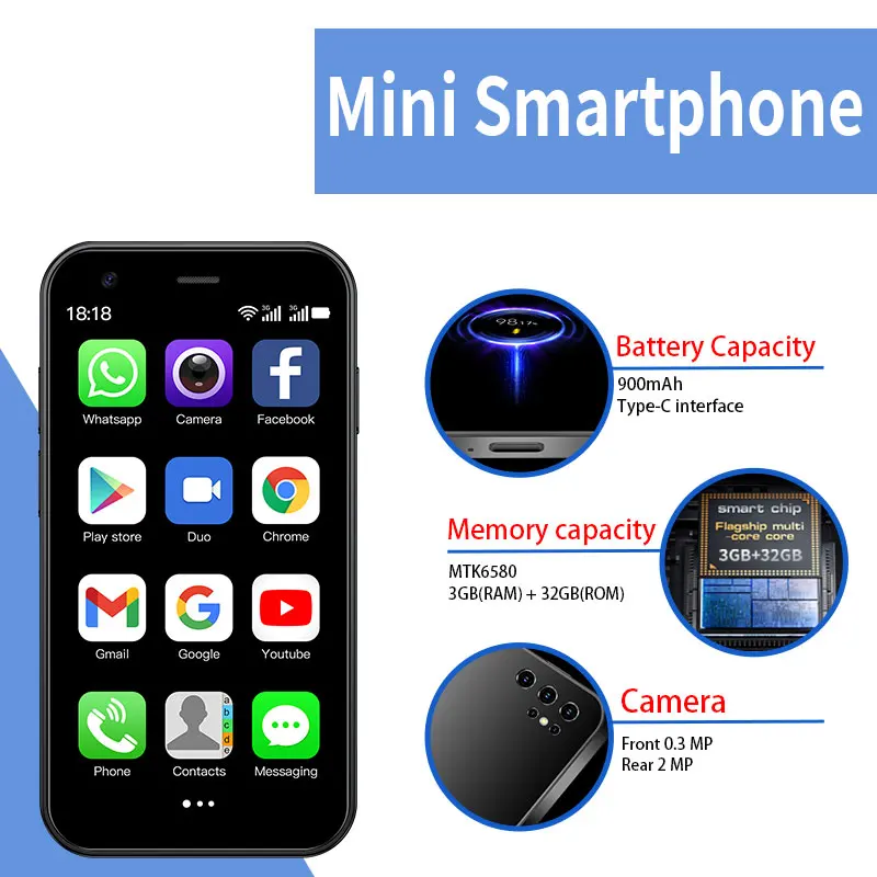 Mini téléphone Android 3 pouces 3 + 32 Go smartphone double SIM, petit téléphone portable avec Google Play store, téléphone cadeau compact