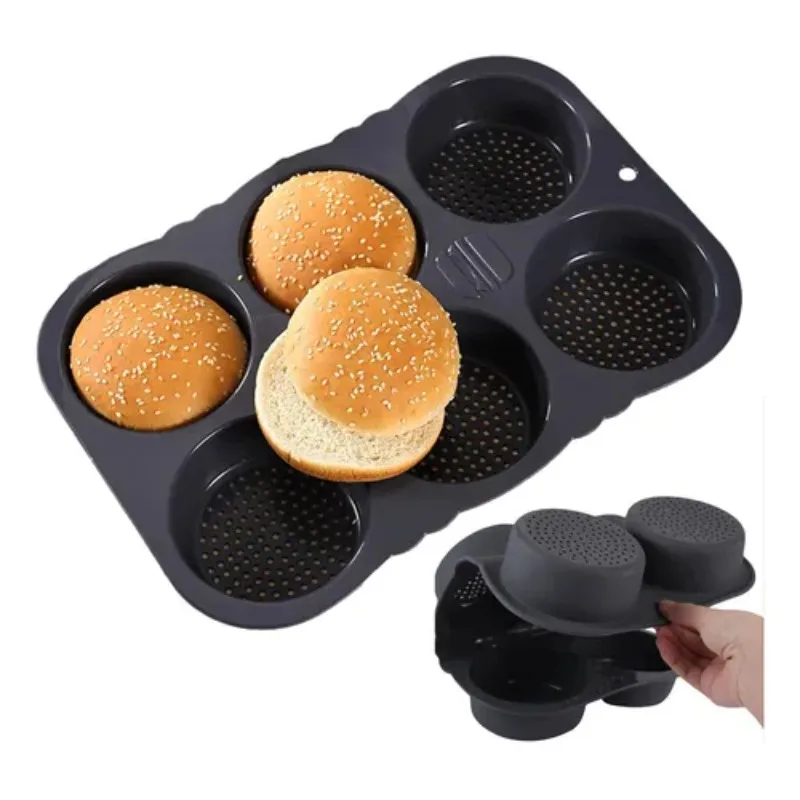 Antihaftbeschichtete Hamburger-Brötchenform aus Silikon, hitzebeständig, wiederverwendbar, perforiertes Design für gleichmäßiges Backen, ideal für selbstgemachte Brötchen Image