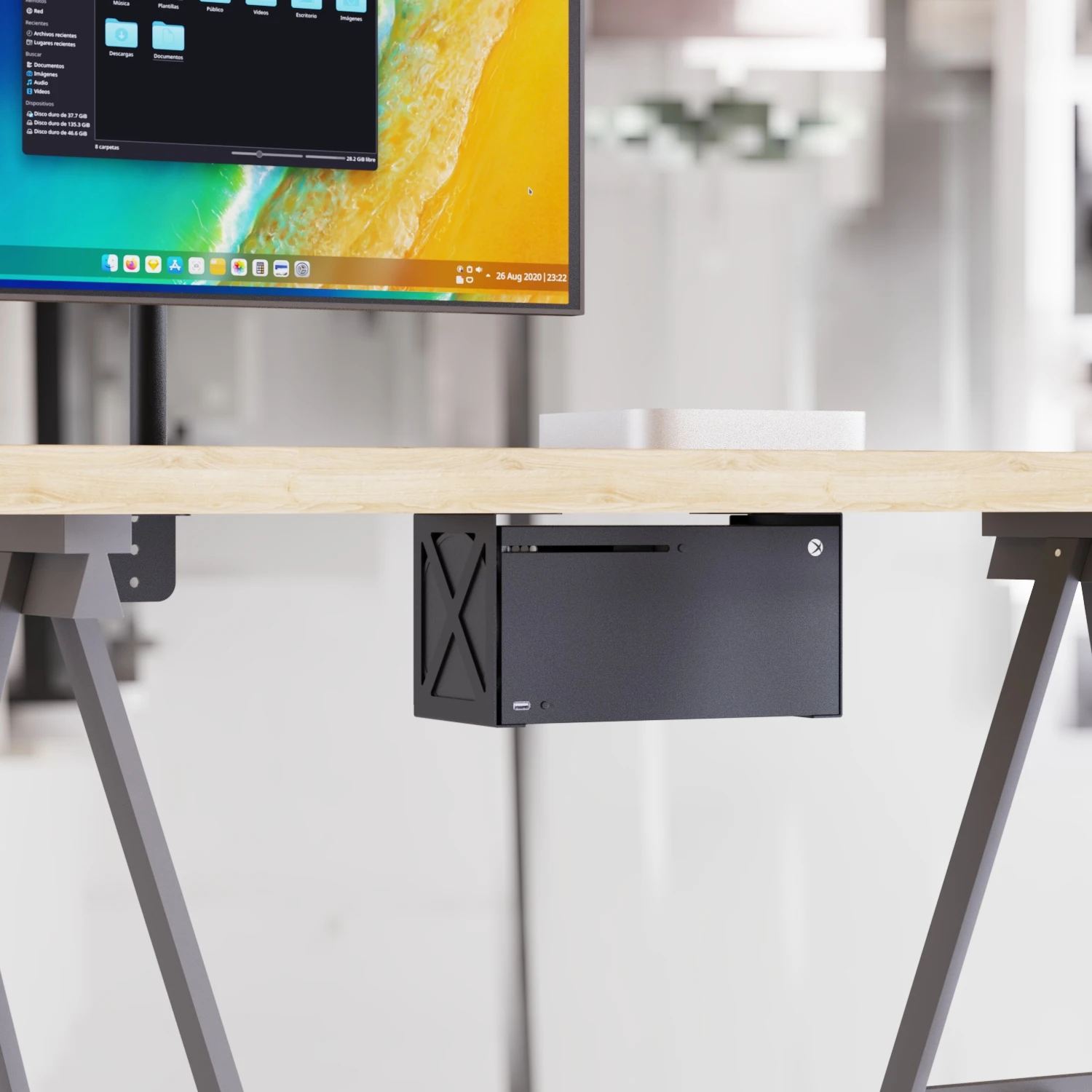 Untertischhalterung für Xbox Series X und Xbox Series S mit selbstschneidender Schraube. Wandhalterung mit Expansionsschraube unter der Platte. Image