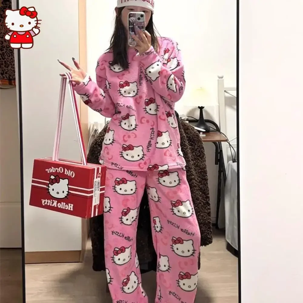 Anime Hello Kitty Plüsch-Pyjama-Anzug für Damen, Cartoon-Flanell, langärmelig, Homewear, Winter, Mädchen, warme Tops, Pannts, zweiteiliges Set Image