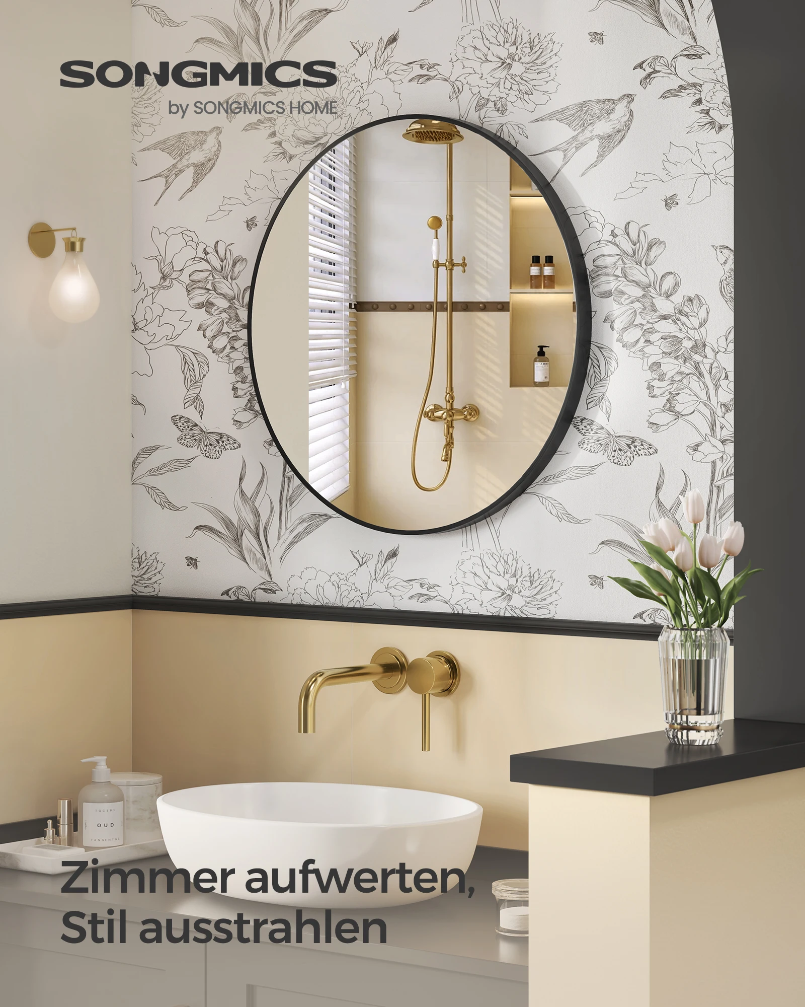 SONGMICS Wandspiegel, Spiegel rund, Ø 76 cm Badezimmerspiegel, Metallrahmen, einfache Montage, modern, für Bad, Wohnzimmer Image