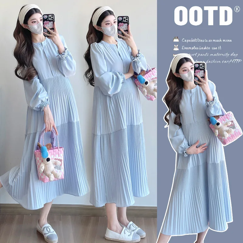 2025 Autumn Korean Fashion French Street Style Maternity Long Dress V neck Loose Clothes for Pregnant Women Casual Pregnancy