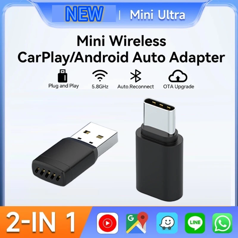 2-in-1 kabelgebundener zu kabelloser CarPlay-Adapter, Android Auto AI Box Play & Plug für OEM kabelgebundenes CarPlay AA-Navigationssystem