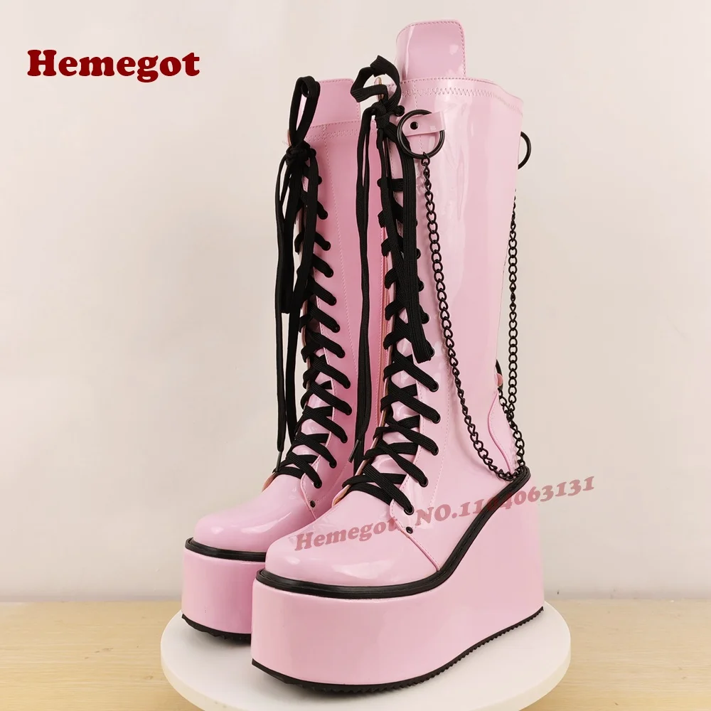 Rosa glänzende Gothic-Kniehohe Stiefel mit runder Spitze, Spleißkeile, Schnürung, lange Damenstiefel, seitlicher Reißverschluss, High Heels, Runway-Schuhe