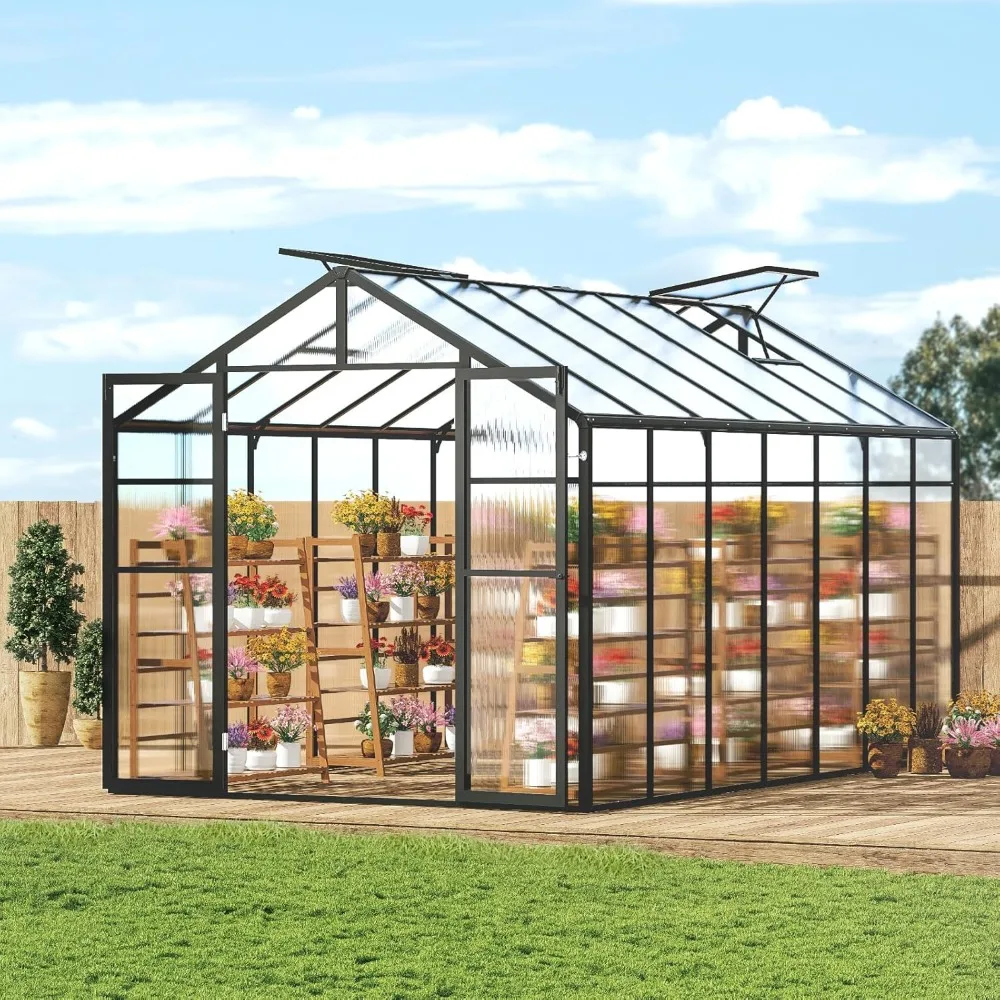 Polycarbonate Greenhouse, 8 x 14 Ft, Outdoor Greenhouse with 2 Vent Windows, Pavilion Styled Greenhouse with Hinged Door, Alumi