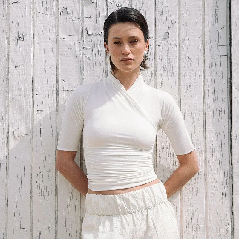 Solid Wrapped Ruched Slim T-shirts Women Fashion Short Sleeve Slim Casual Streetwear Tees Crop Tops Clubwear Female Clothes