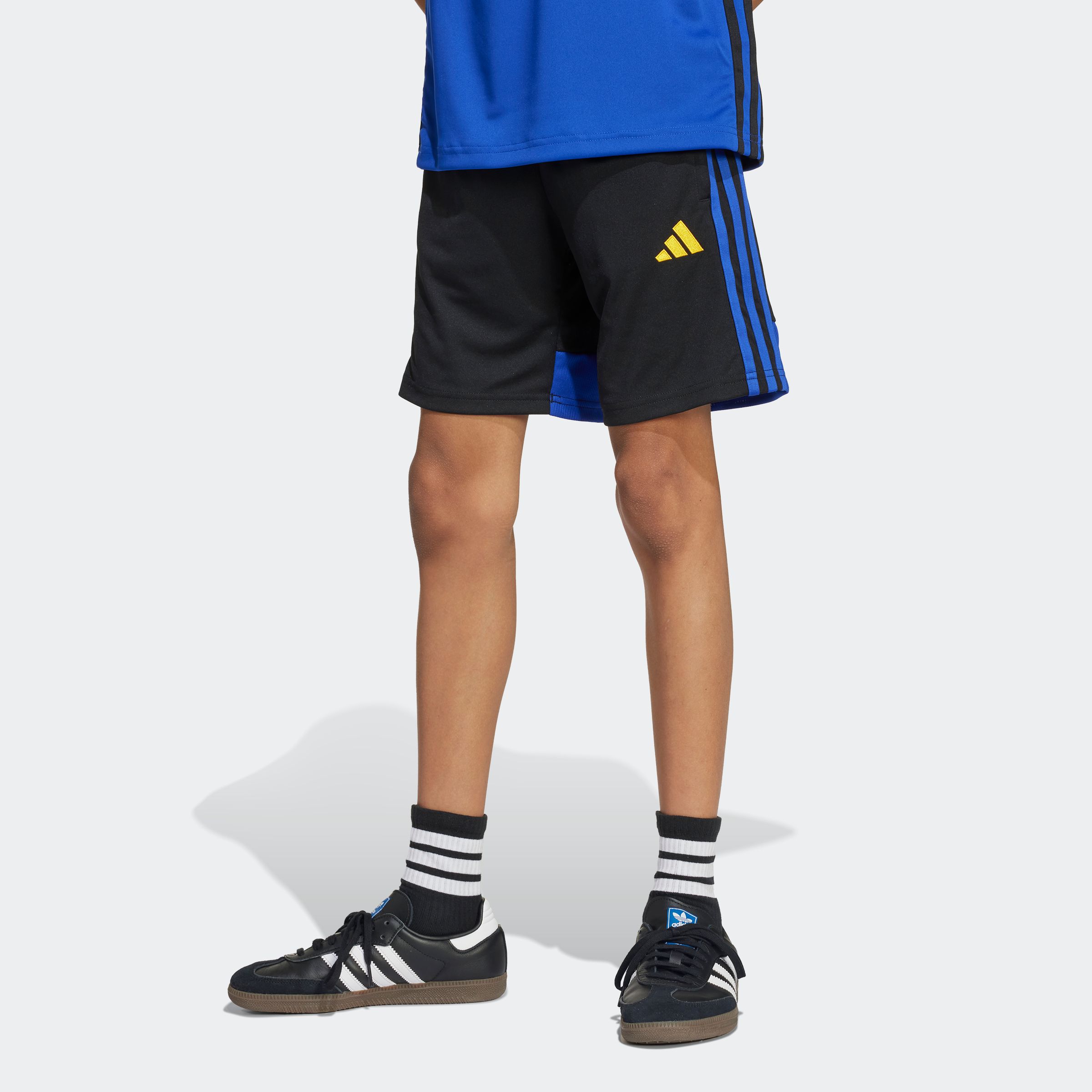 Trainingsshorts ADIDAS PERFORMANCE "TIRO ES SHO Y", Kinder, Gr. 128, N-Gr, gelb (schwarz, semi lucid blau, crew gelb), Obermaterial: 100% Polyester, Hosen Image