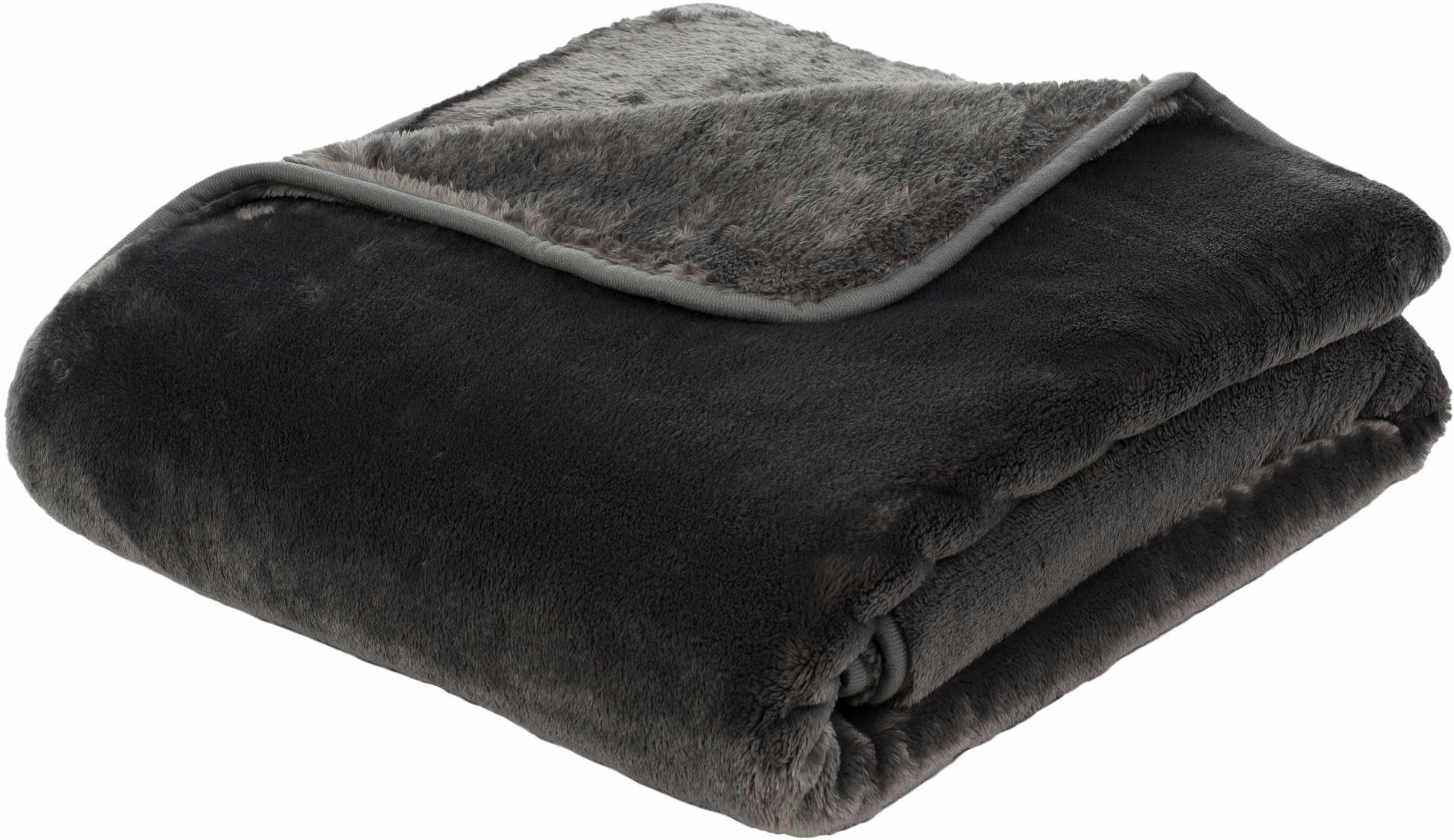 Wohndecke GÖZZE "Premium Cashmere Feeling", grau (anthrazit), B:180cm L:220cm, Polyester, Wohndecken, mit premium Cashmere Feeling, Kuscheldecke Image