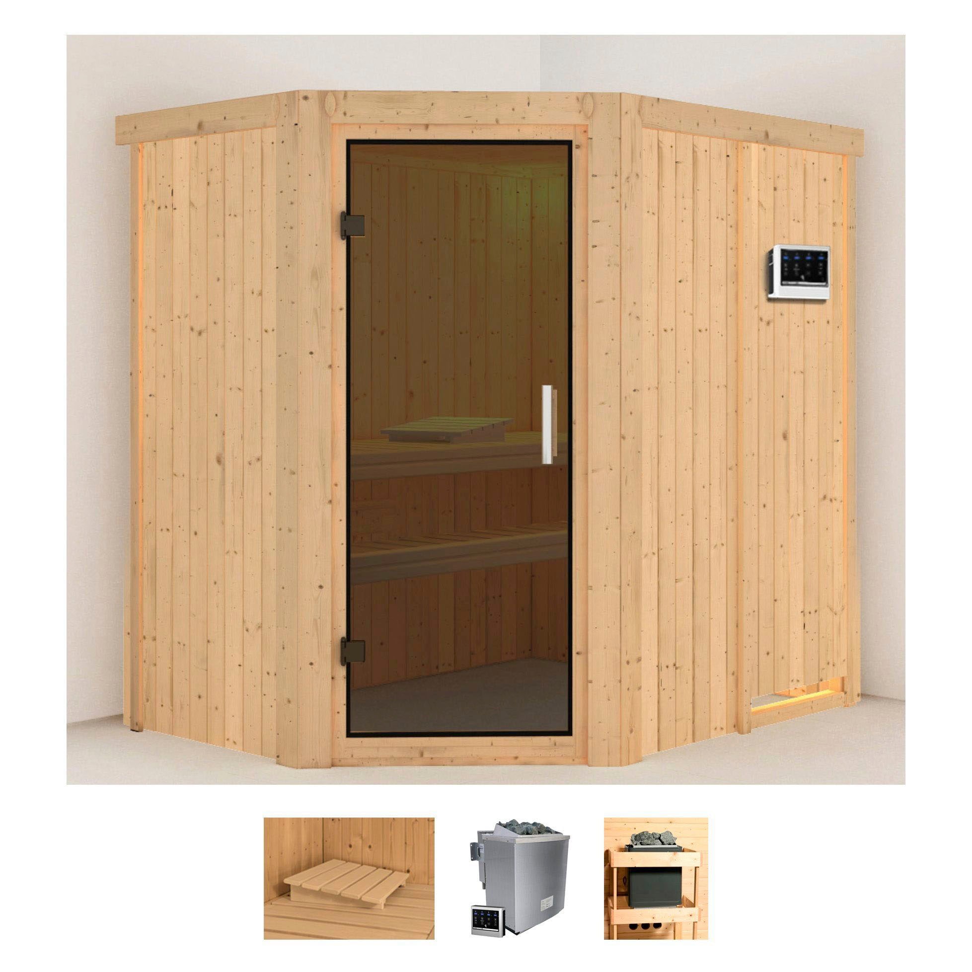 Sauna KARIBU "Clara", beige (naturbelassen), Bio-Kombiofen, externe Steuerung, 9 kW, Saunen, 9 KW-Bio-Ofen mit externer Steuerung Image
