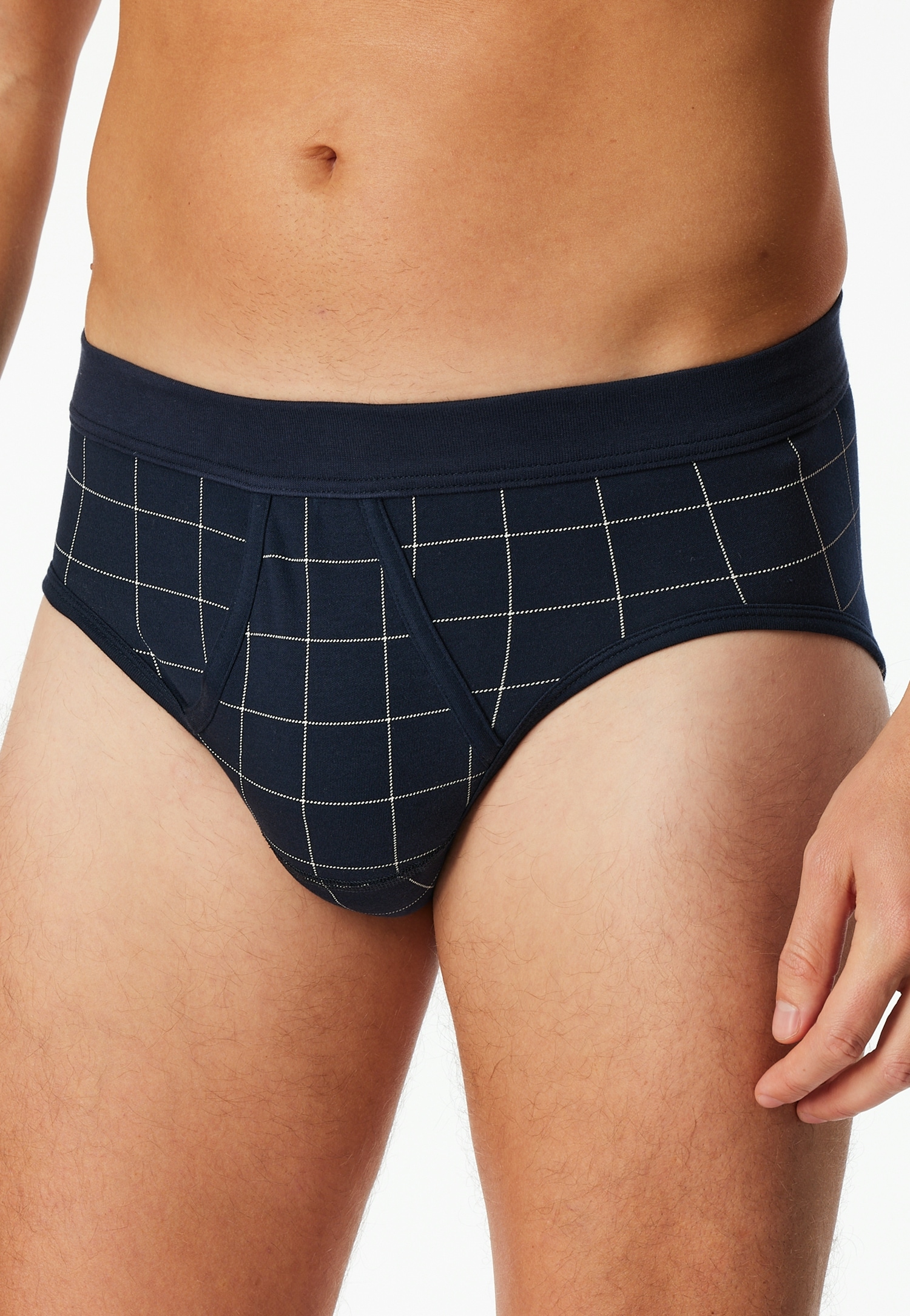 Slip SCHIESSER "Fine Interlock", Herren, Gr. 7, blau (804, blau), Interlock, Obermaterial: 95% Baumwolle, 5% Elasthan, körpernah, Unterhosen, mit Eingriff, kariert Image