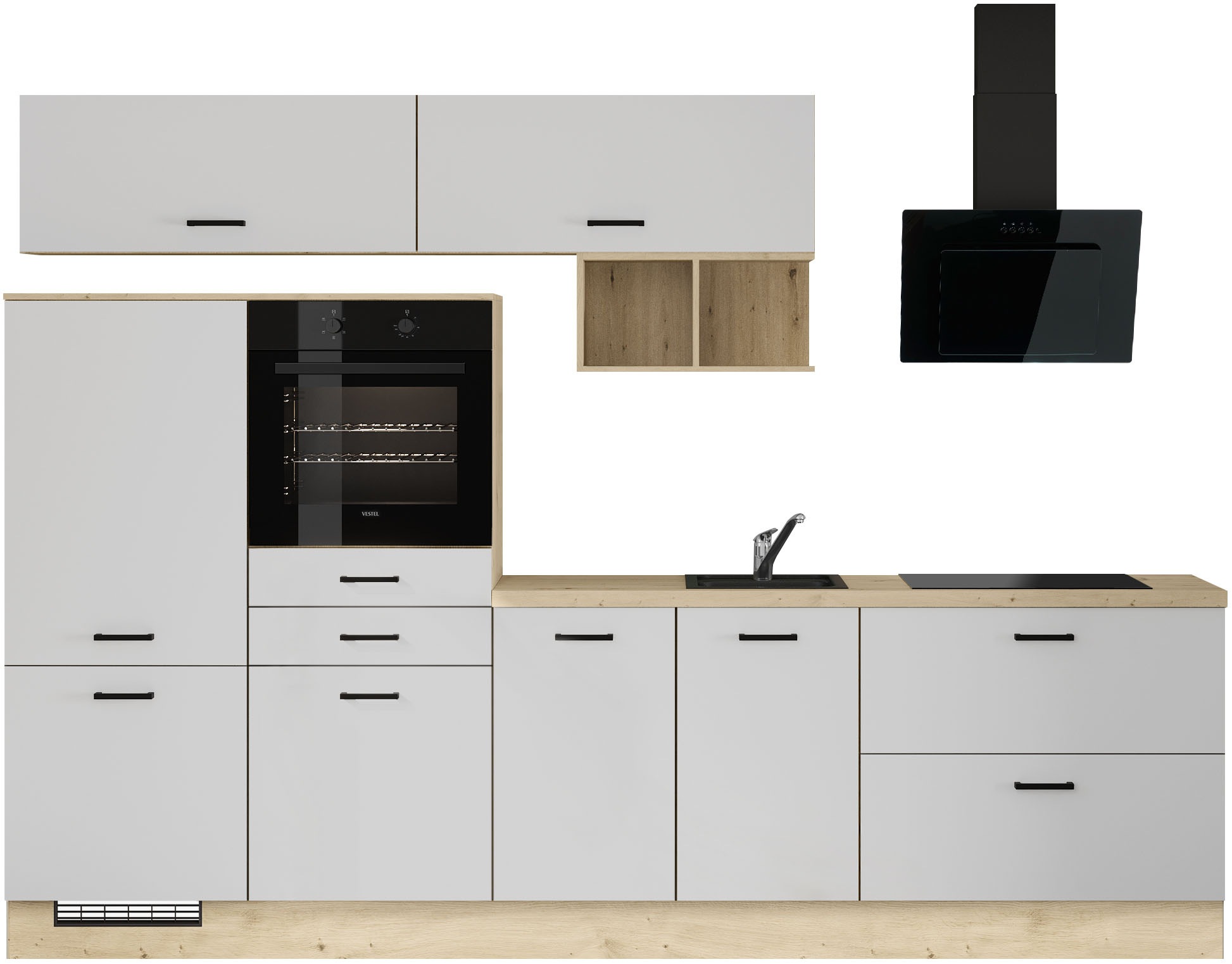 Küchenzeile IMPULS KÜCHEN ""München", Ausrichtung wählbar, Schubkästen mit Soft-Close", küche: weiß, front: weiß, korpus: eiche, nachbildung hell, arbeitsplatte: eiche, nachbildung hell, B:300cm H:213,4cm T:60cm, Komplettküchen-Sets, vormontiert,...