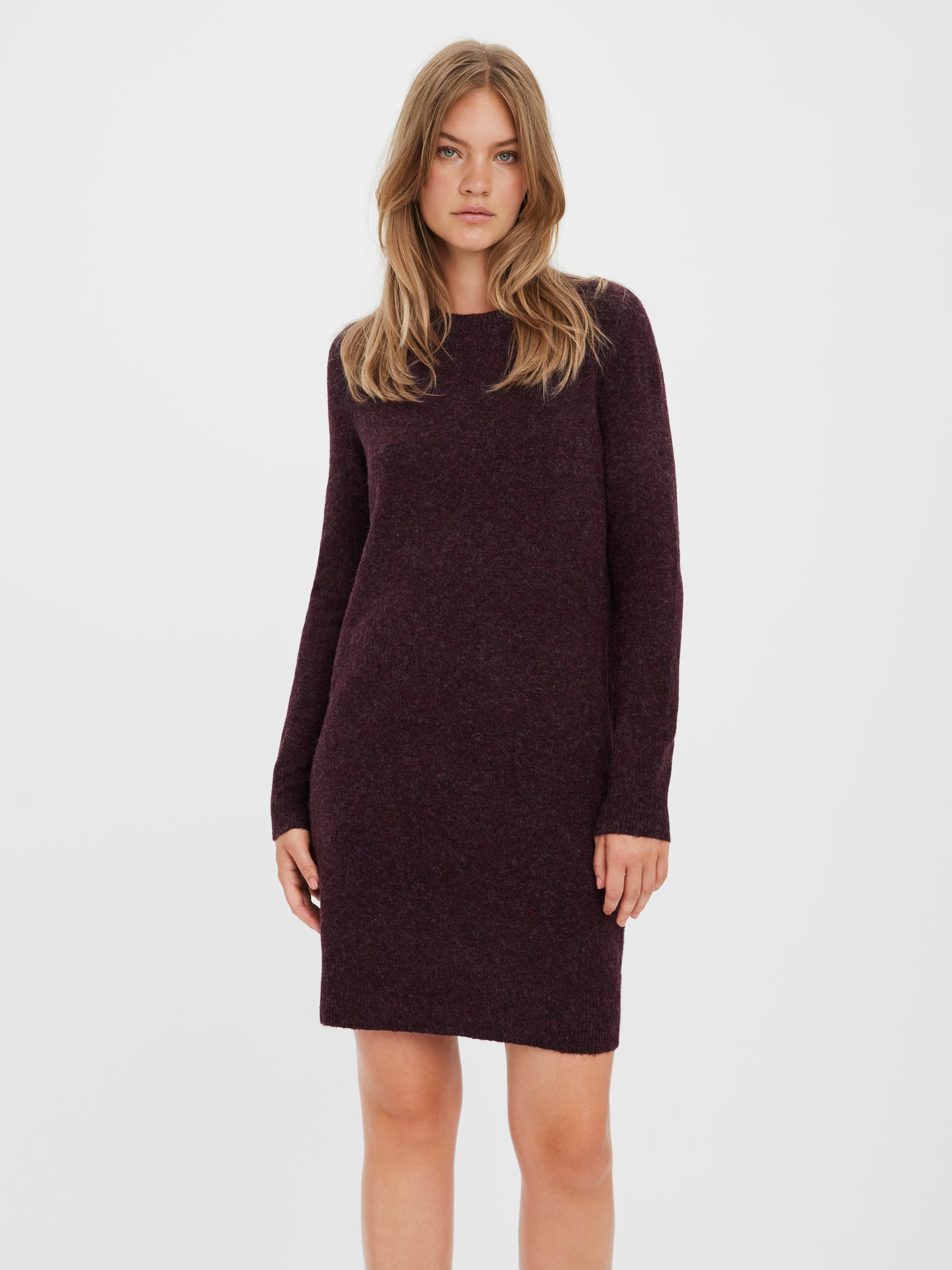 Strickkleid VERO MODA "VMDOFFY LS O-NECK DRESS GA NOOS", Damen, Gr. S, N-Gr, winetasting detail:with schwarz melange, Strick, Obermaterial: 94% Polyester, 3% Elasthan, 3% Nylon, meliert, regular fit, Rundhals, Rippbündchen, Kleider Image