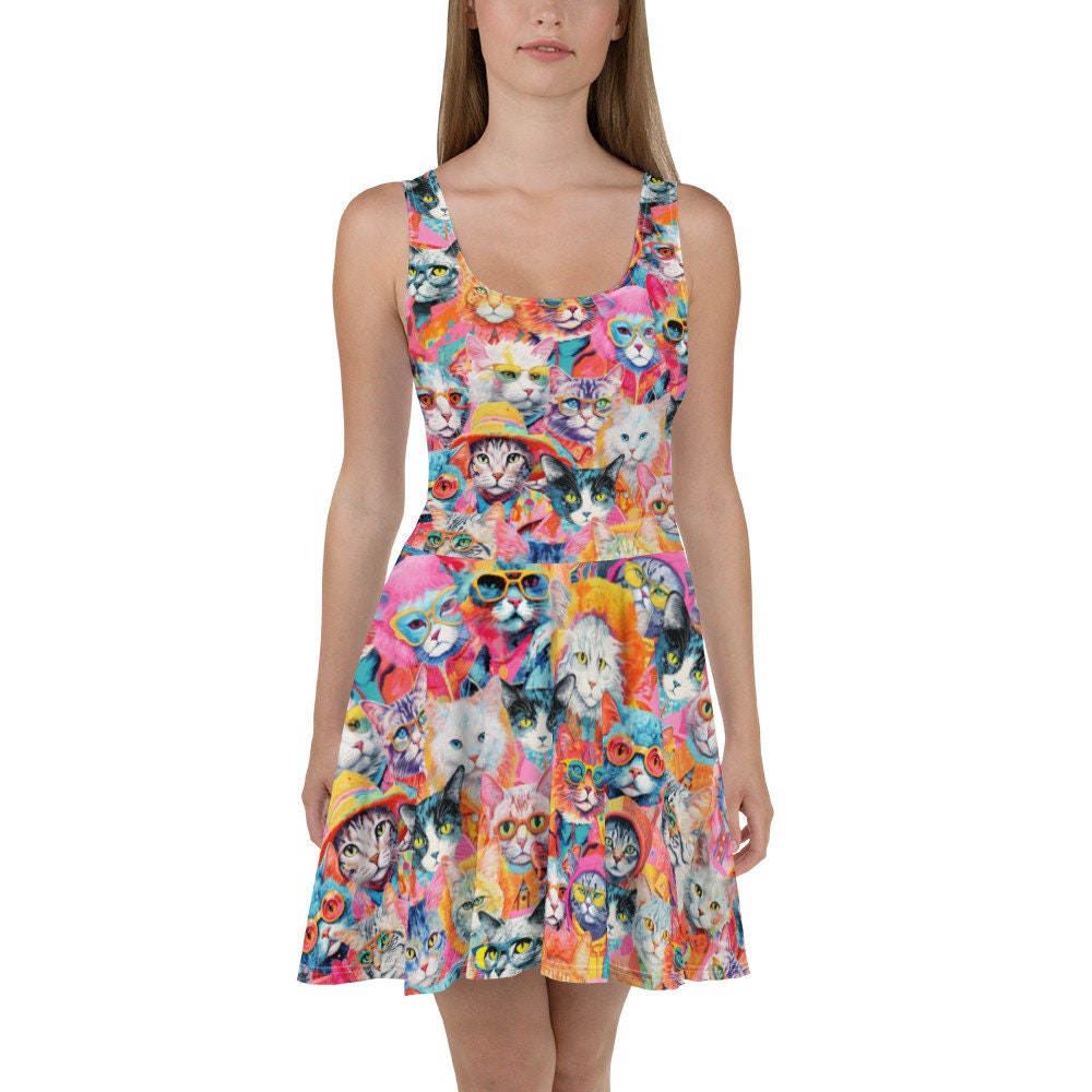 Hipster-Katzenmusterkleid, Katzenrassen-Skaterkleid für Frauen, Retro-Katzenkleid, Skater-Kleid für Frauen, lebendiges Katzenkleid, Geschenk für Katze