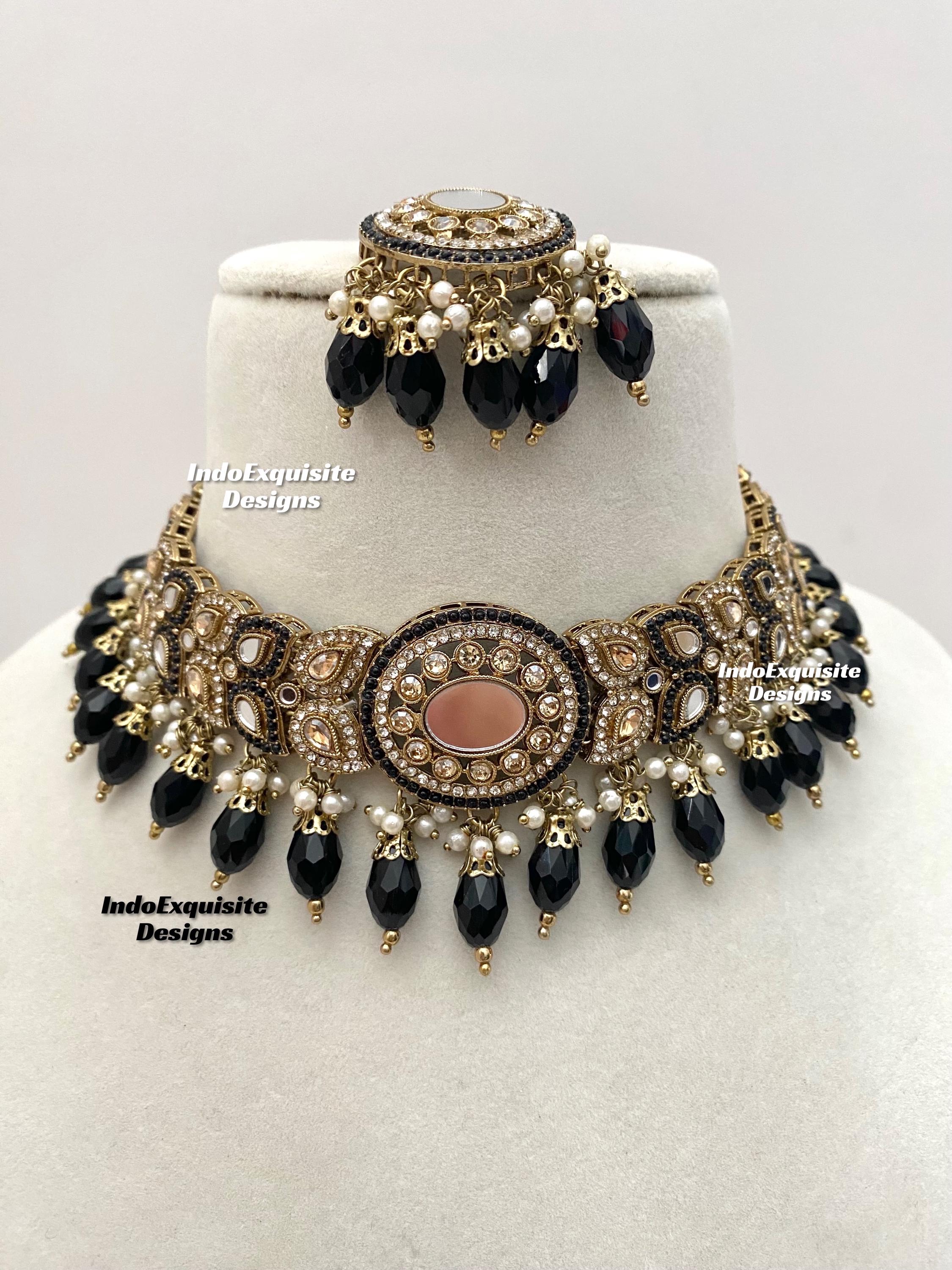 Elegantes antikes Gold Basis Spiegel Halsband Set/Indischer Schmuck/hochwertiger Spiegel Polki Schmuck/einzigartiges Choker Set/schwarz