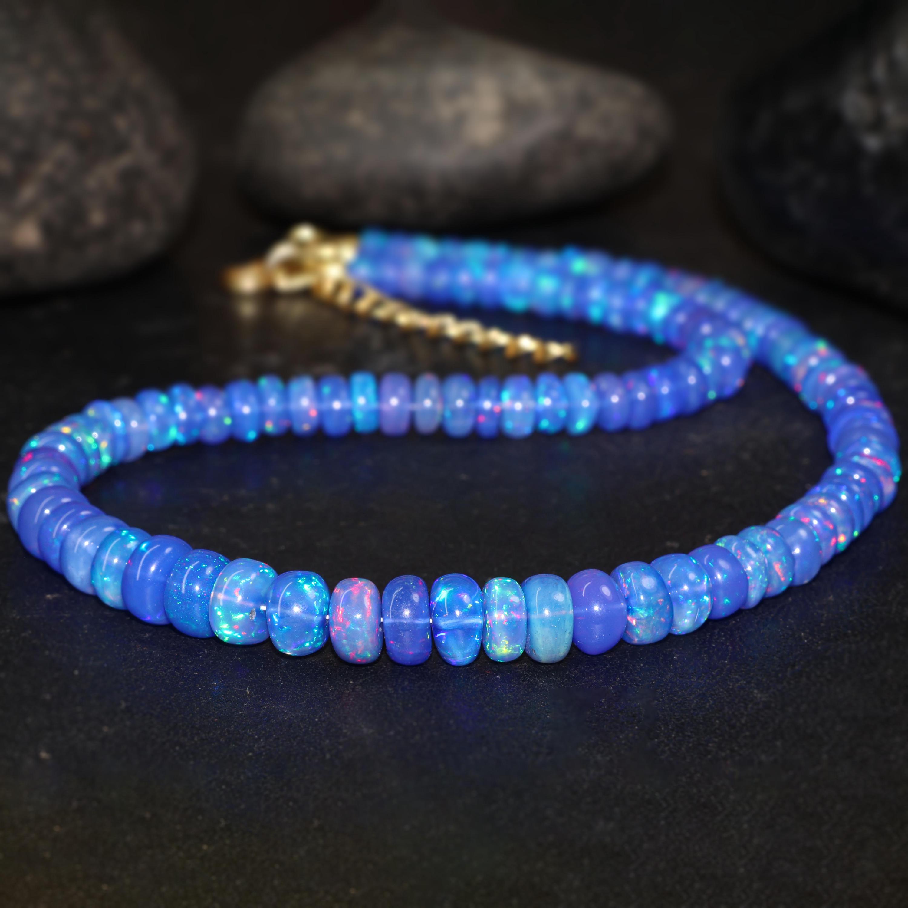 Natürliche Feuer Blau Große Größe Äthiopische Opal Perlen Halskette für Frauen, Vintage Feuer Opal Halskette, AAA äthiopische Opal Perlen Halskette